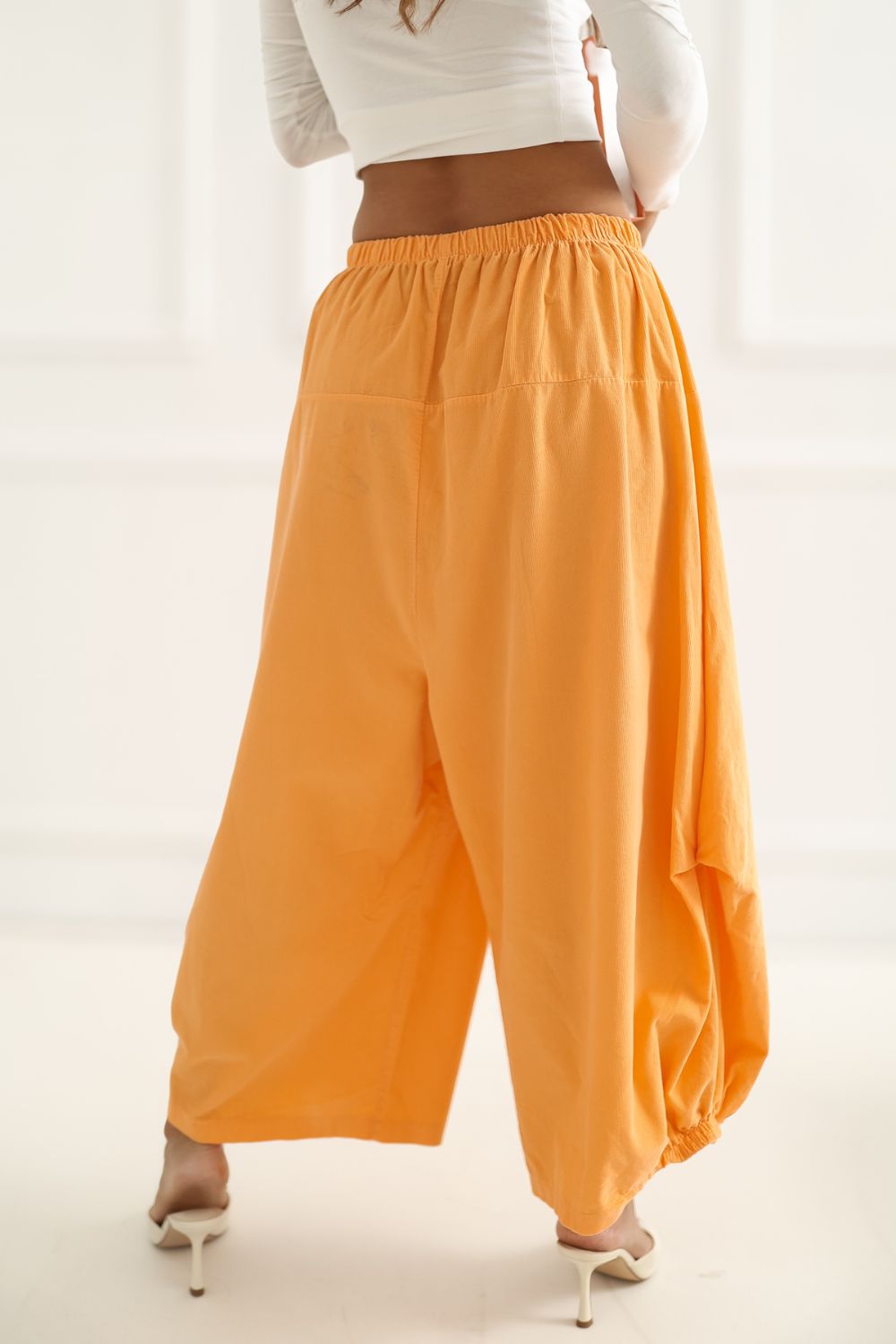 Italy Moda Light Orange Loose Fit High Waisted Cotton Corduroy Trousers - view 4