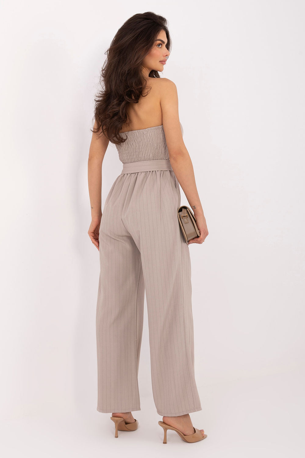 Italy Moda Dark Beige Striped Pleated Jumpsuit - view 3
