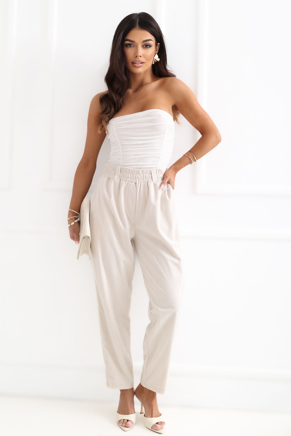 Rue Paris Light Beige High Waisted Corduroy Trousers - view 4