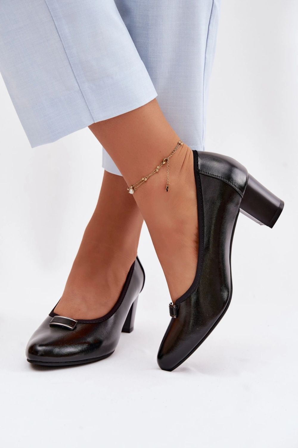 Step In Style Vinceza Black Faux Leather Block Heel Court Shoes - view 4