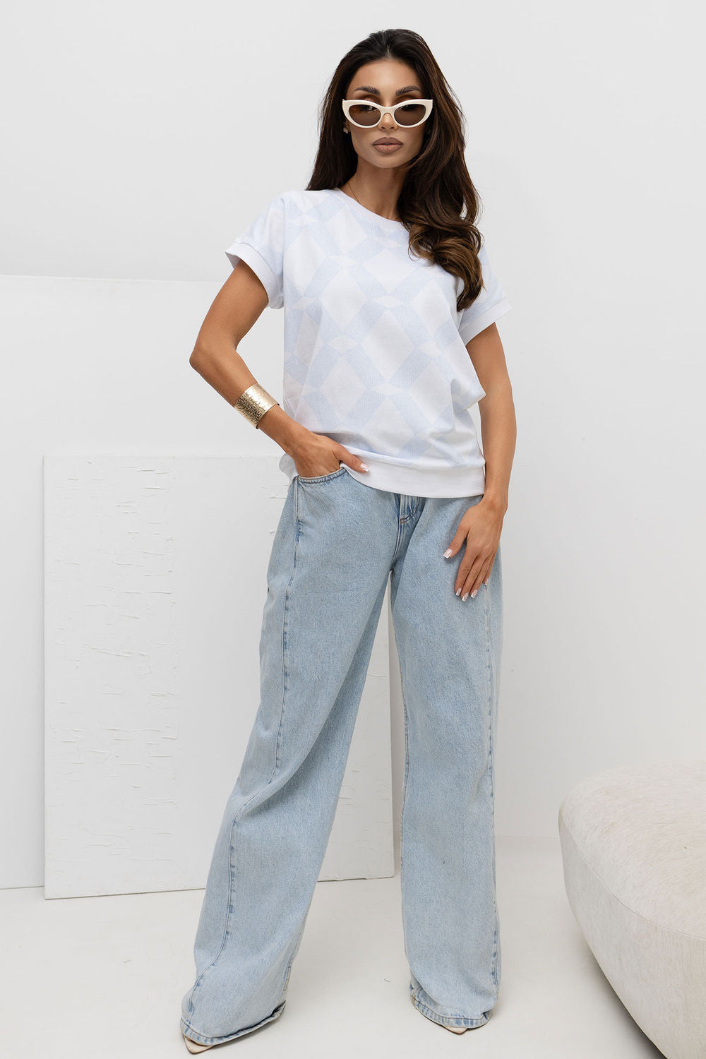 Relevance Light Blue Short Sleeve Cotton Blouse - view 2