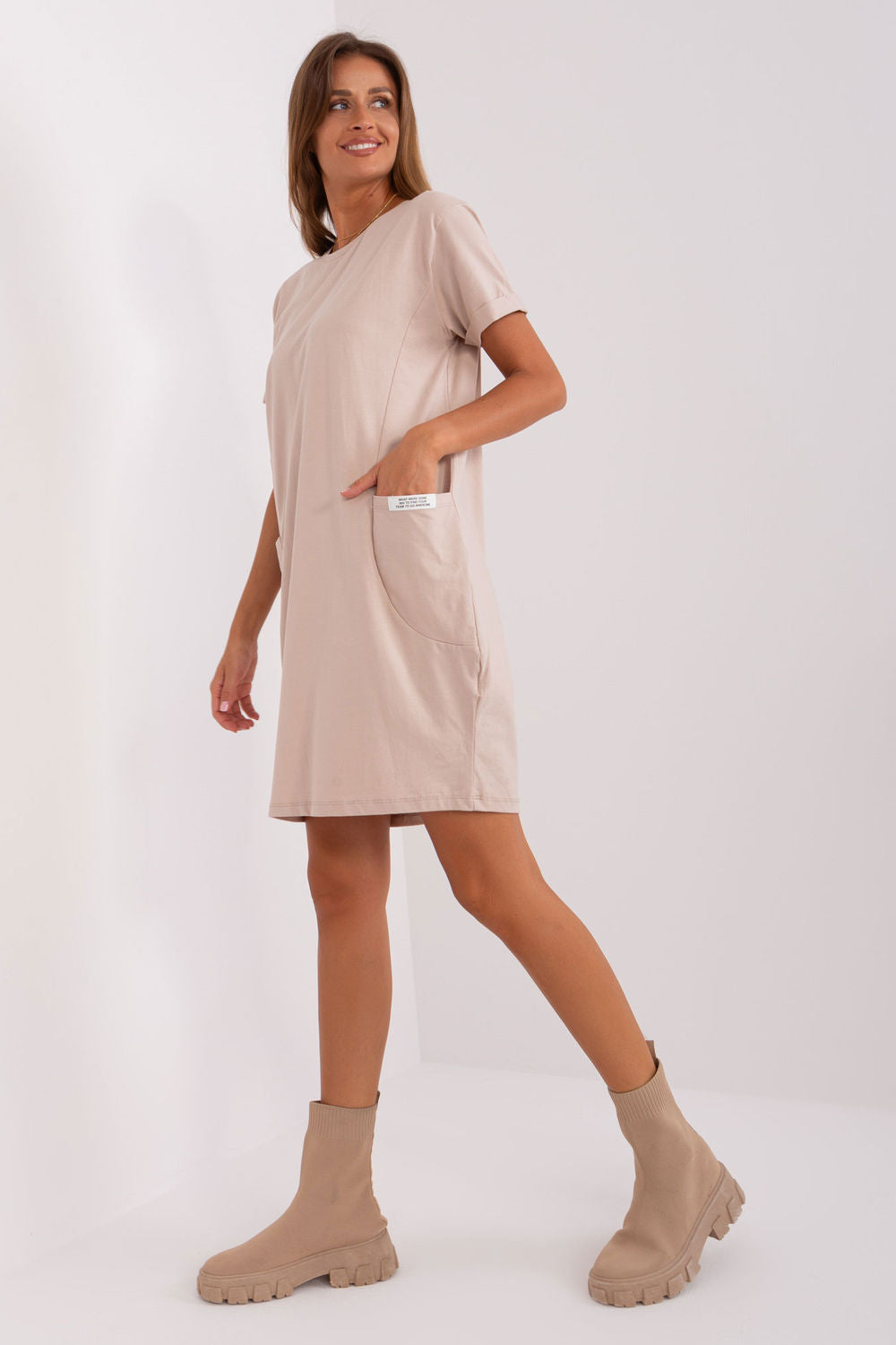 Rue Paris Beige Round Neck Short Sleeve Dress - view 4