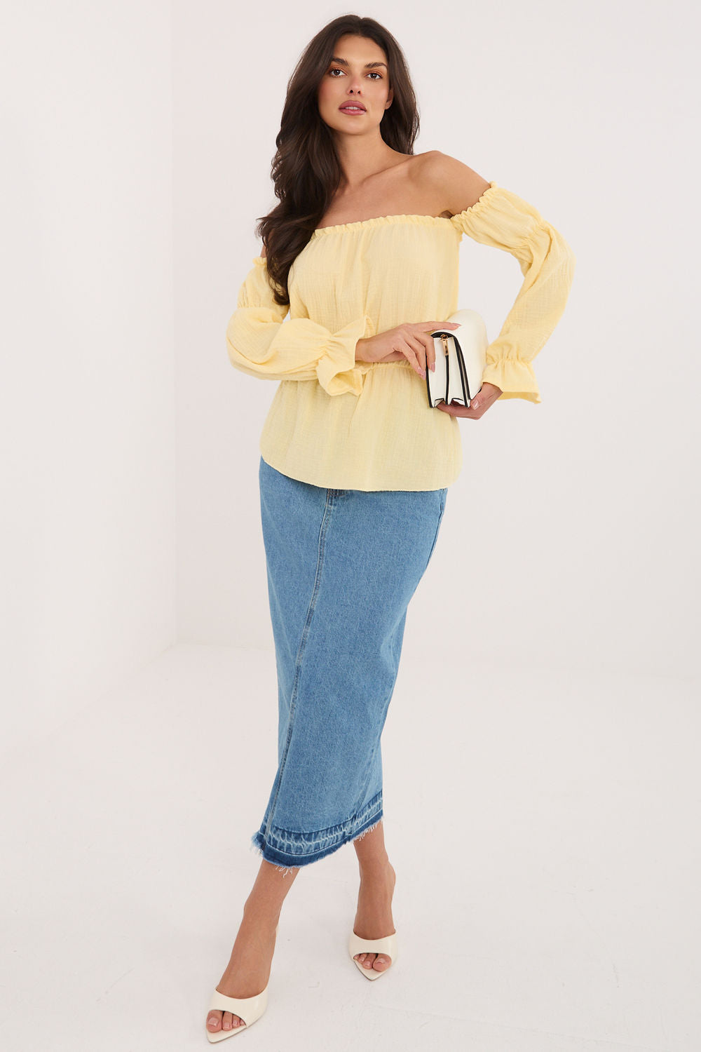 Italy Moda Light Yellow Off Shoulder Puff Sleeve Blouse