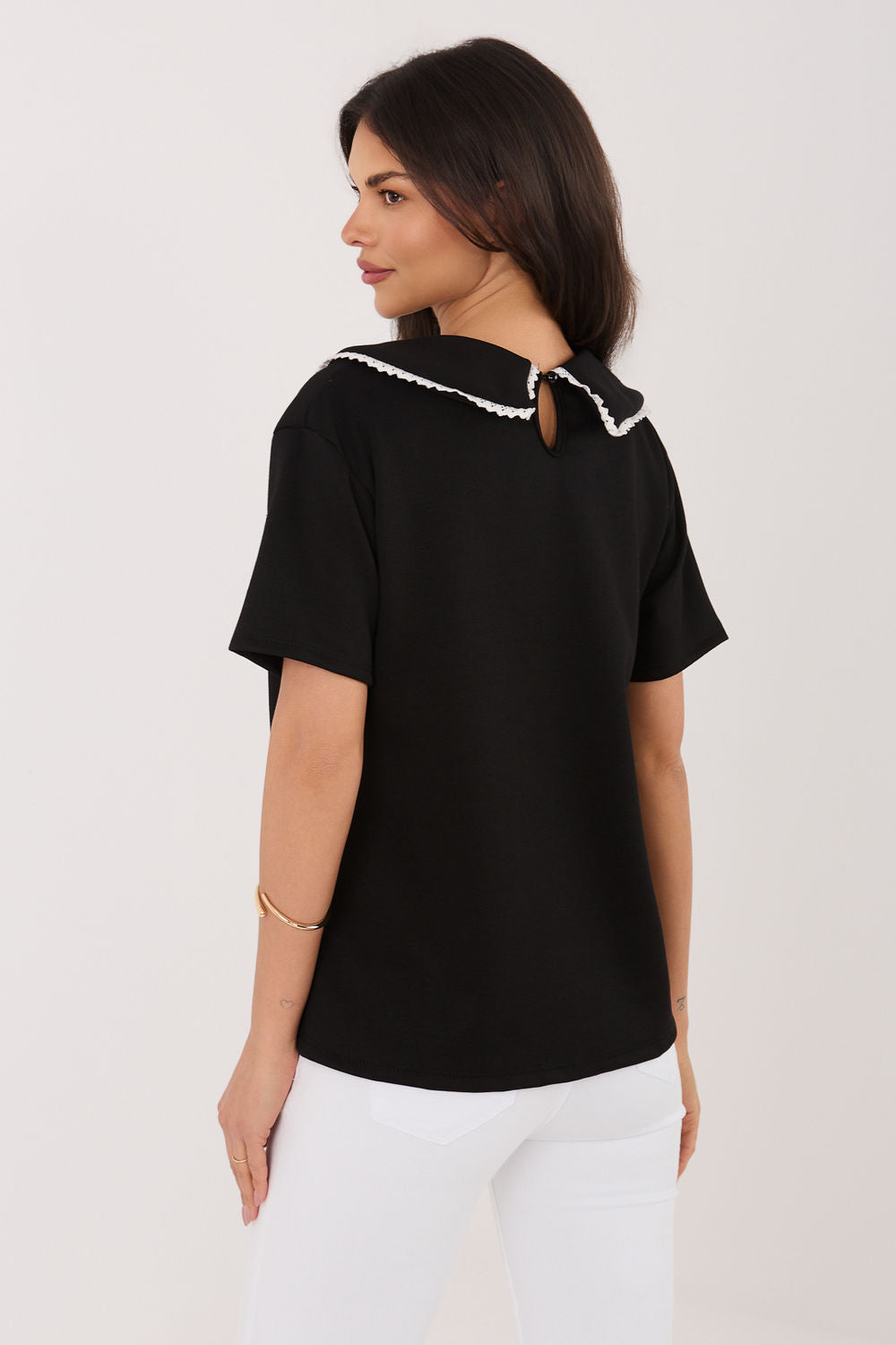 Italy Moda Black Collared Lace Short Sleeve Blouse - view 3