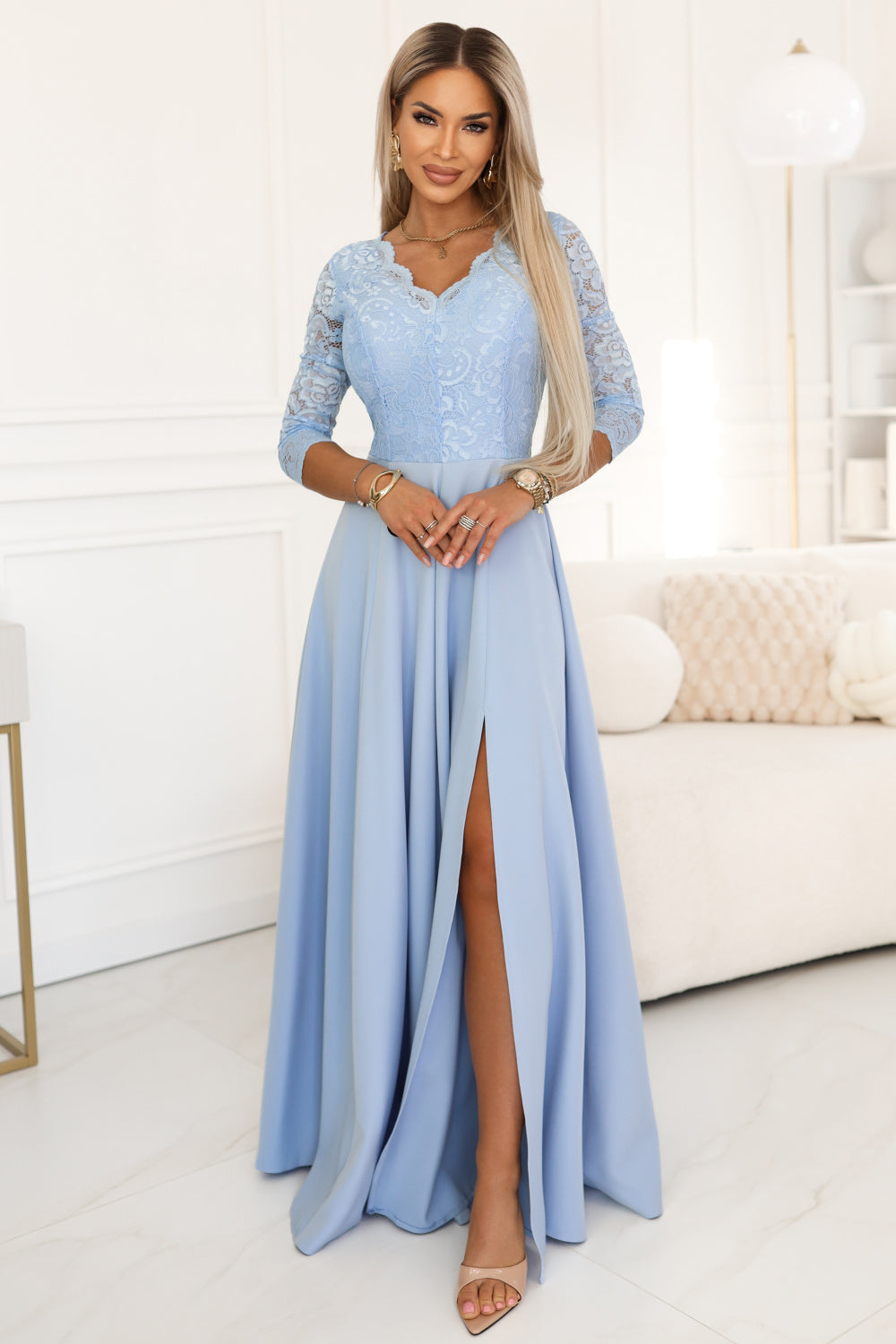 Numoco Amber Sky Blue Lace Flared Maxi Dress