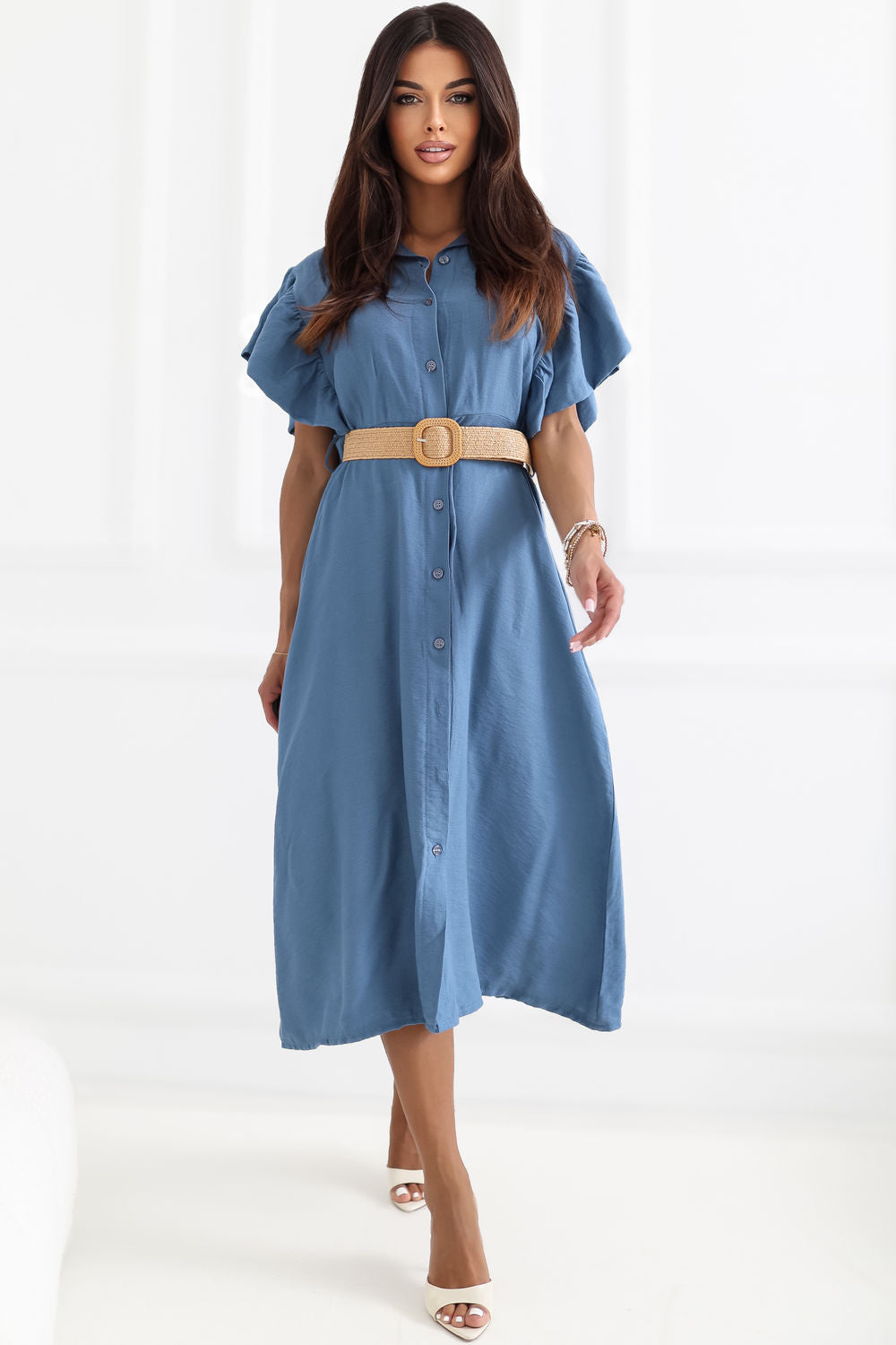 Italy Moda Blue Collared Midi Flared Dress