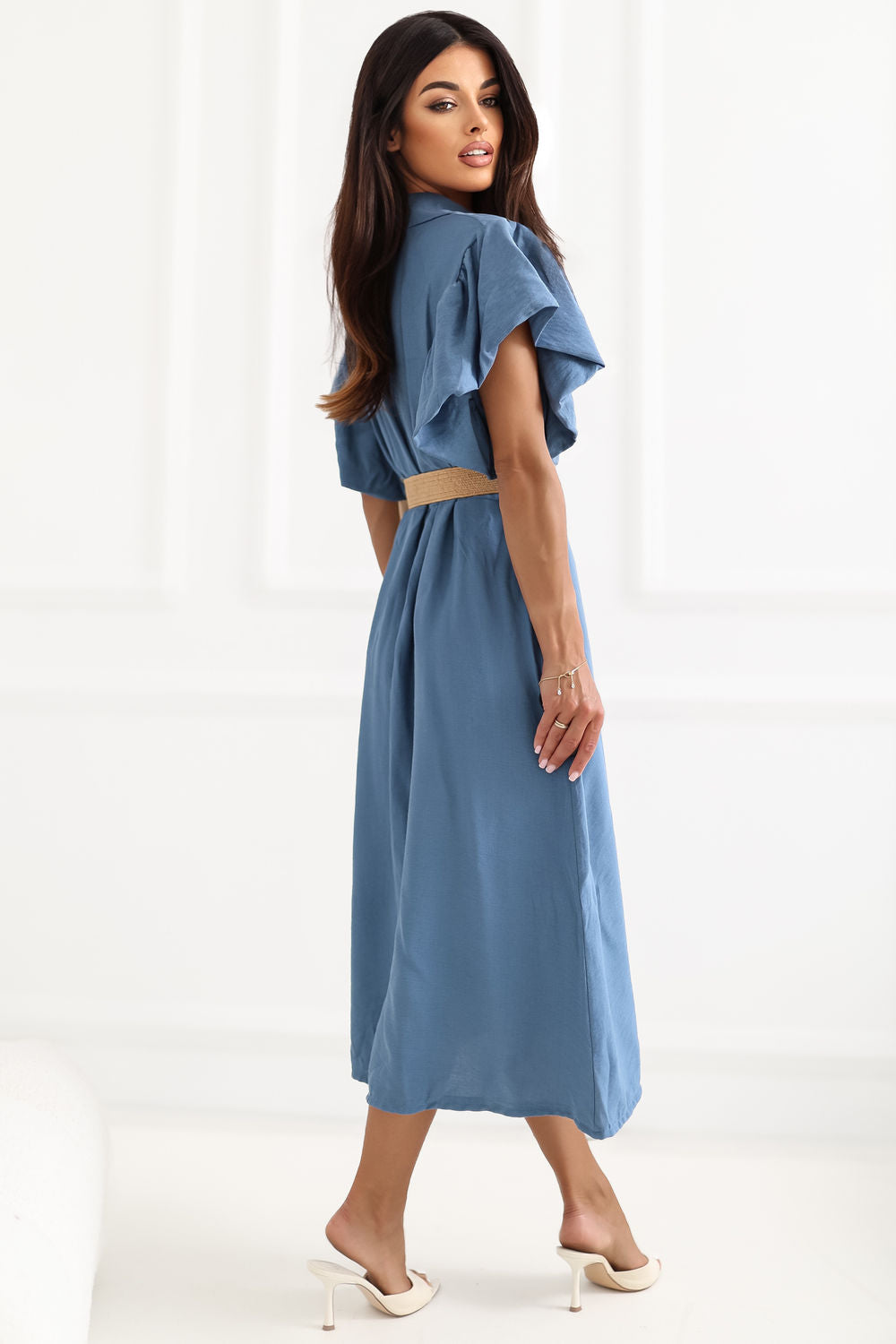 Italy Moda Blue Collared Midi Flared Dress - view 3