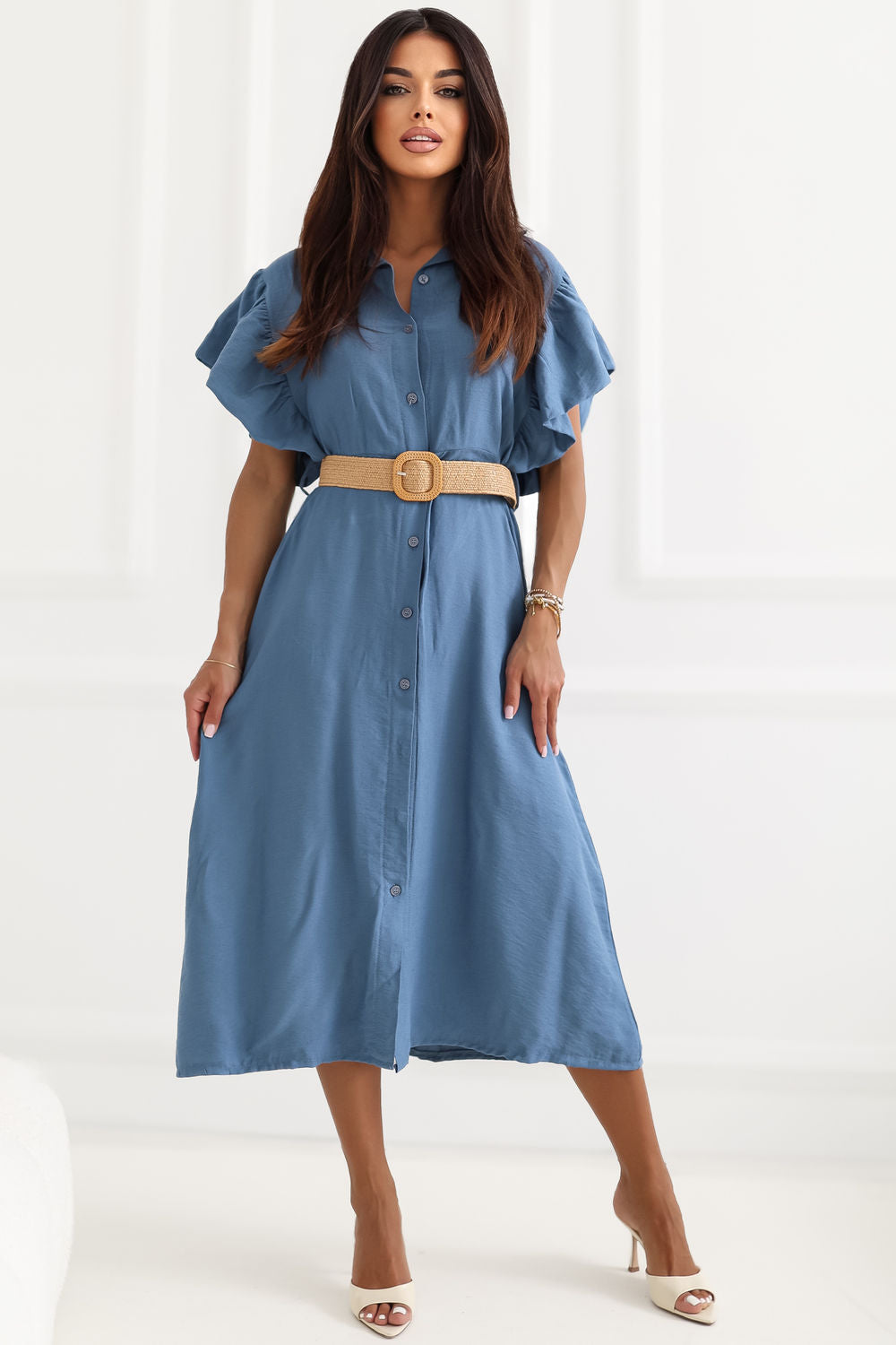 Italy Moda Blue Collared Midi Flared Dress - view 4