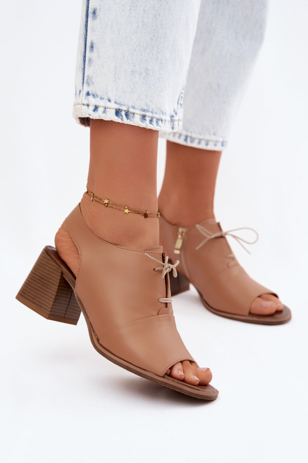 Step In Style Zazoo Cappuccino Leather Block Heel Heeled Sandals