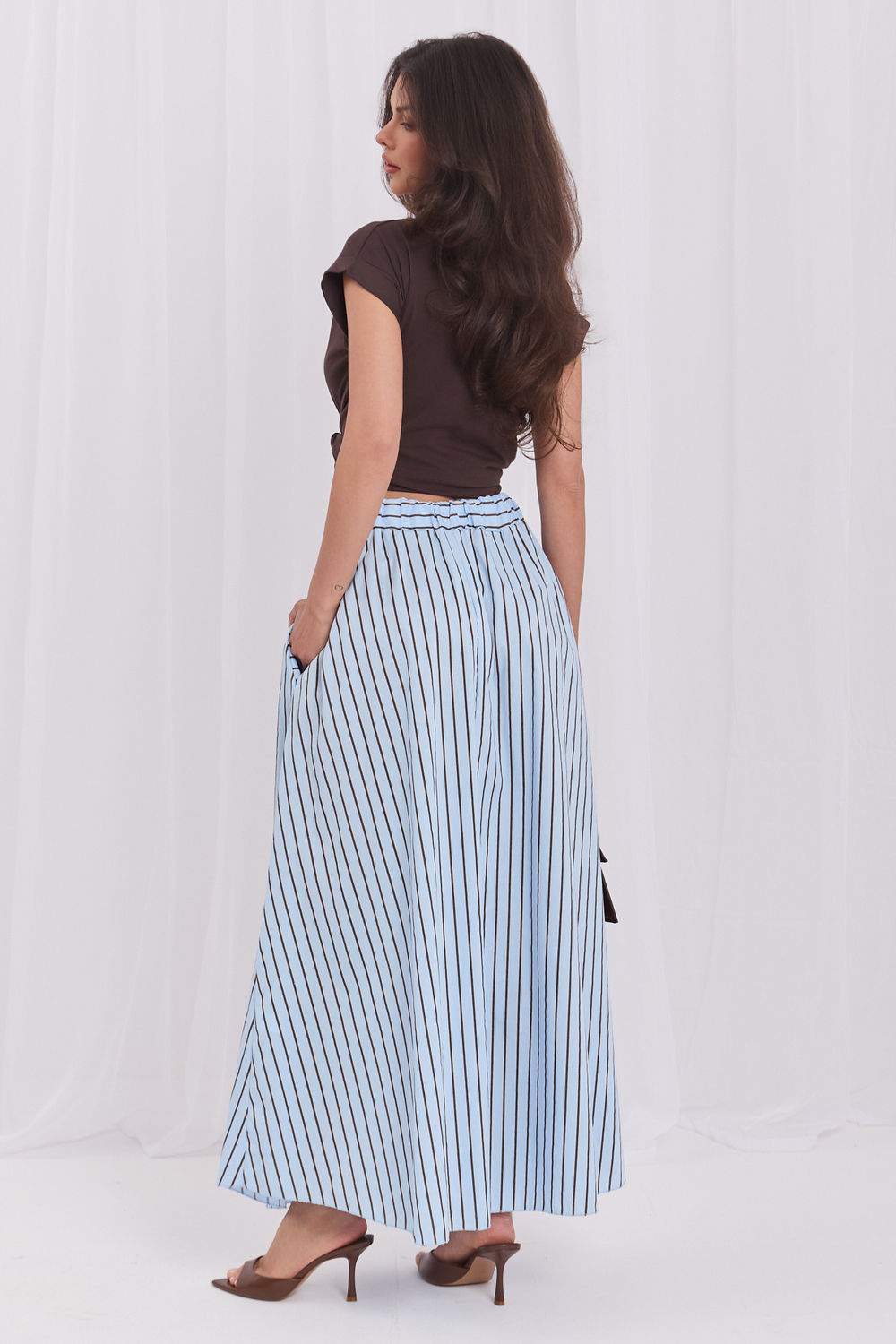 Italy Moda Light Blue Striped High Waisted Skirt - view 3