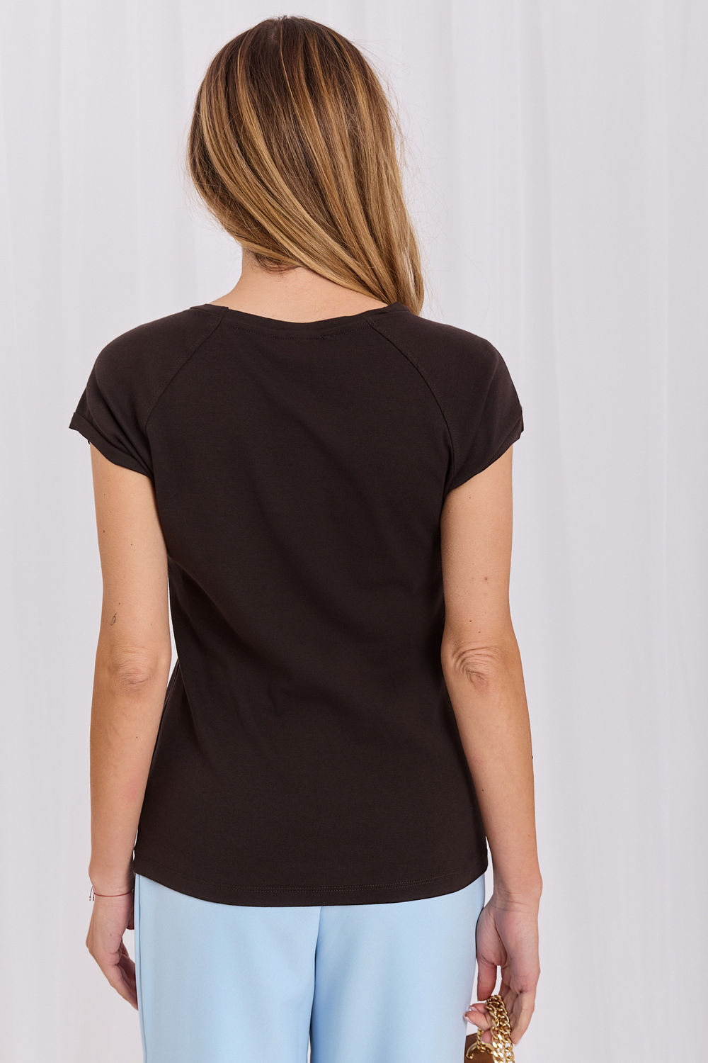 Rue Paris Dark Brown Round Neck Short Sleeve Cotton T-Shirt - view 3