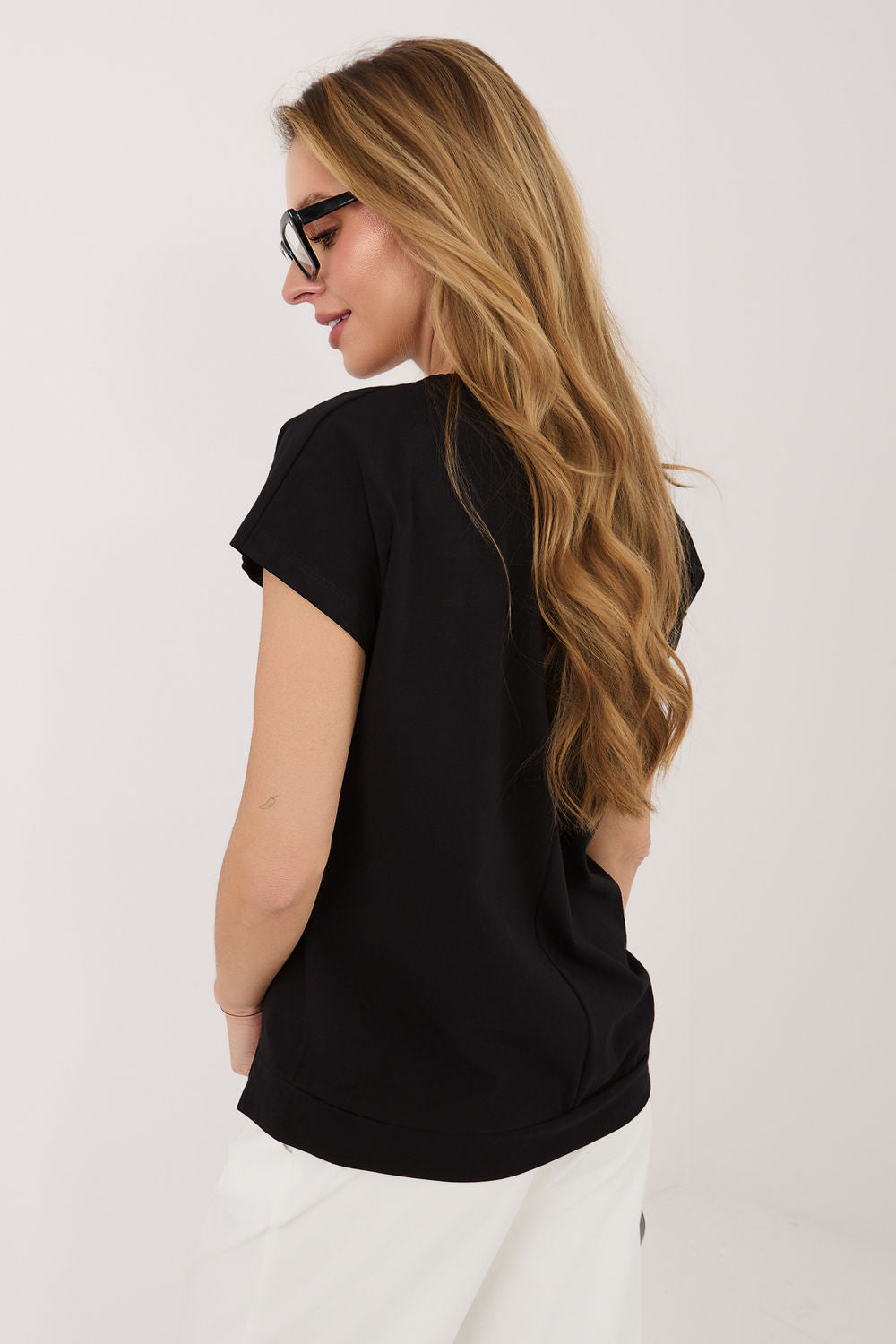 Rue Paris Black Short Sleeve Cotton Blouse - view 3