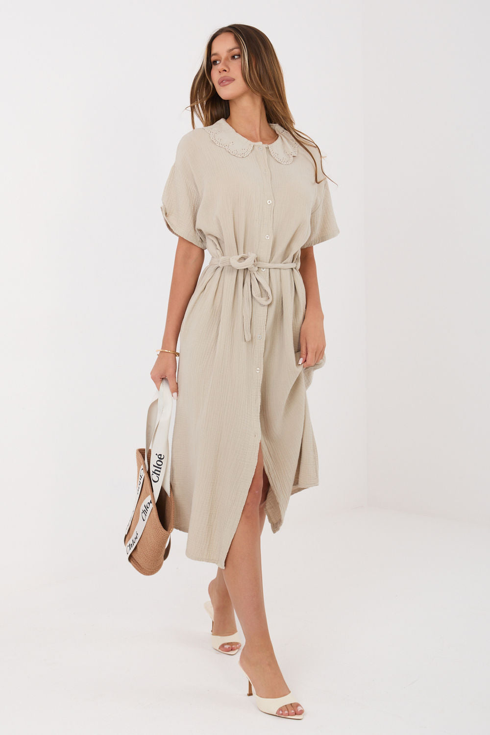 Italy Moda Beige Midi Flared Short Sleeve Dress - view 4