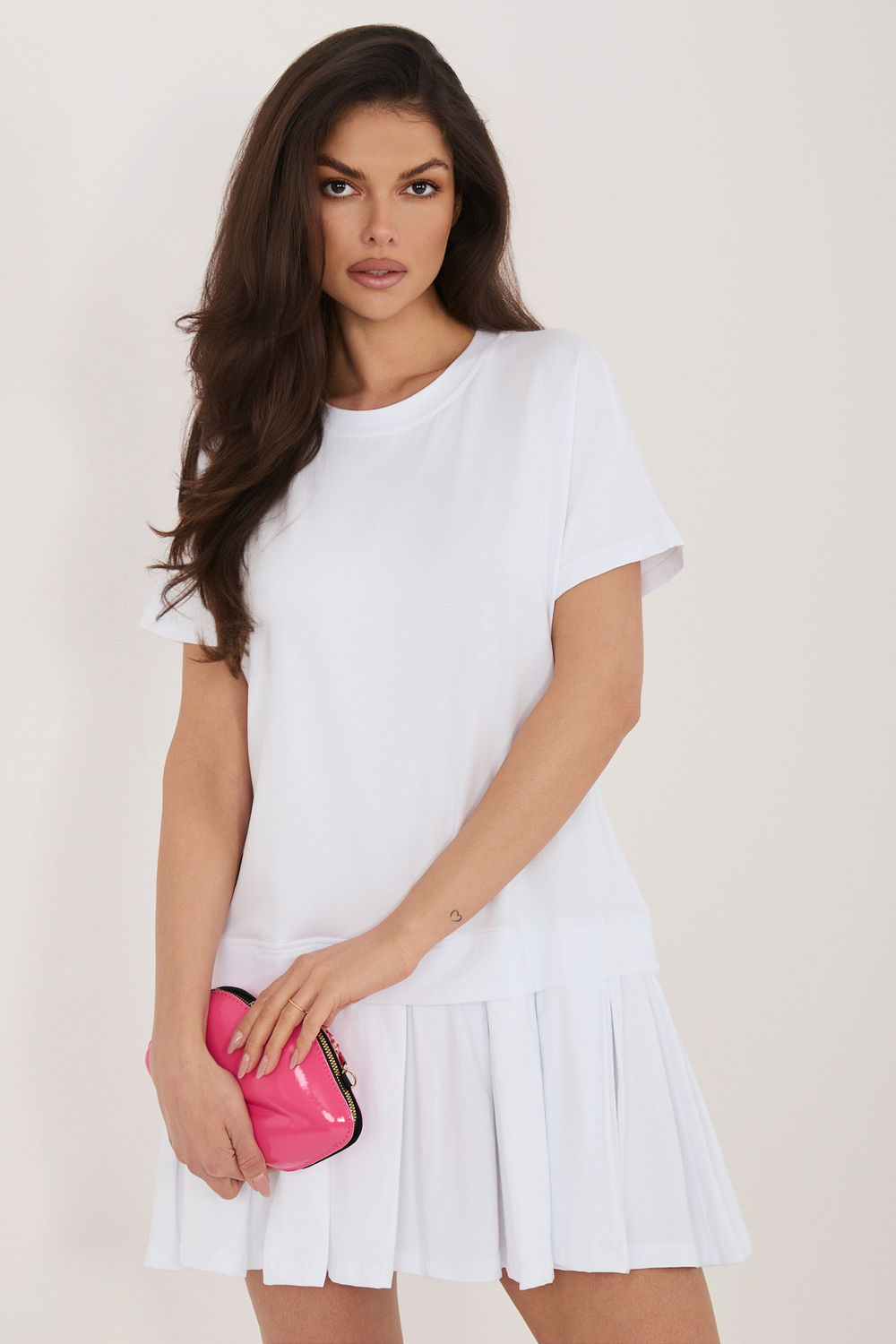 Rue Paris White Round Neck Flared Short Sleeve Dress