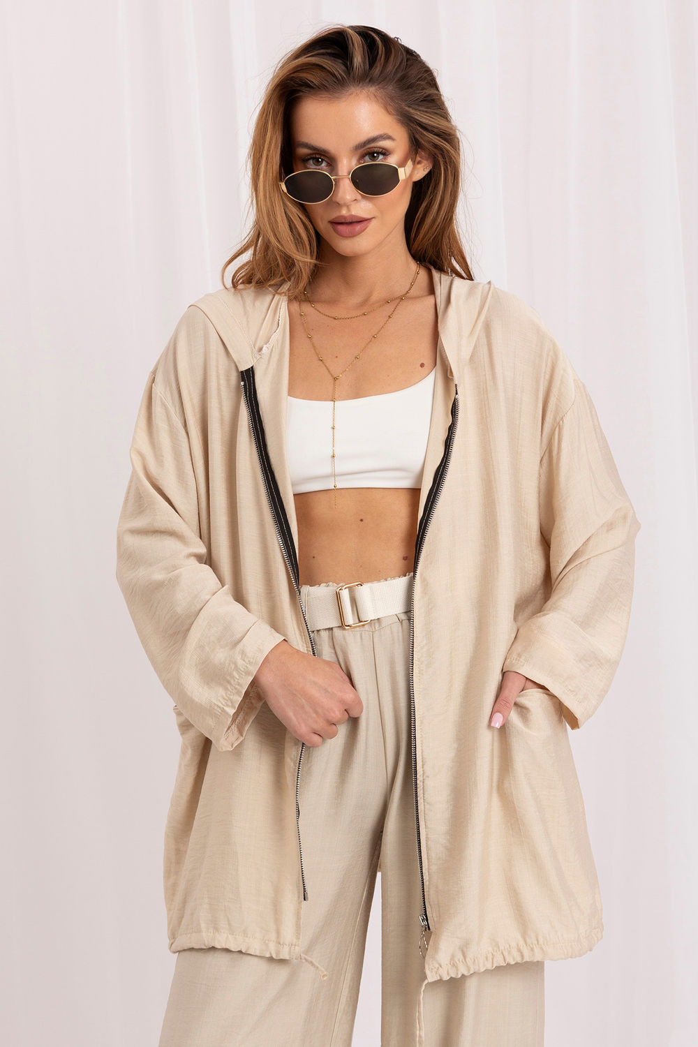Rue Paris Beige Hooded Zip Up Sweatshirt
