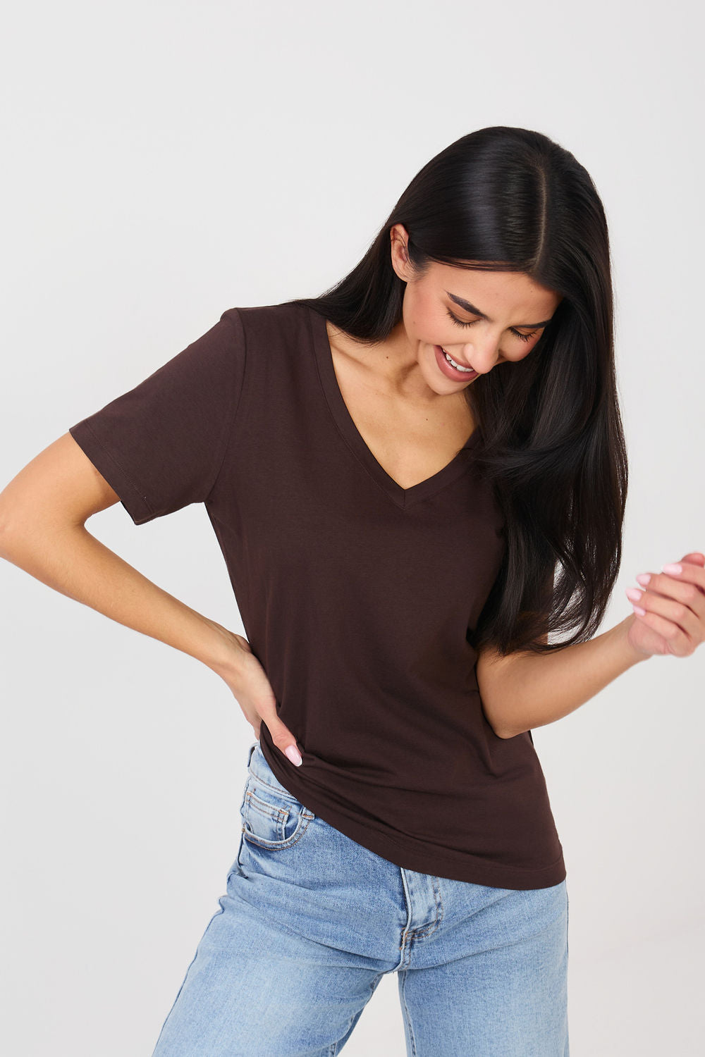 Rue Paris Dark Brown V-Neck Short Sleeve T-Shirt