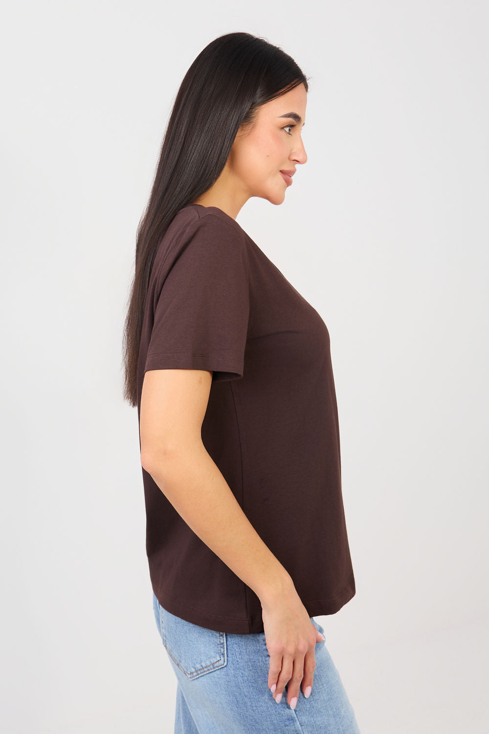 Rue Paris Dark Brown V-Neck Short Sleeve T-Shirt - view 2
