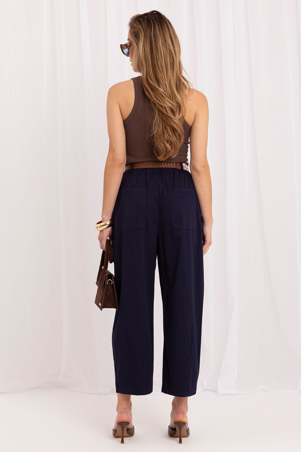 Italy Moda Navy High Waisted Cotton Trousers - view 3