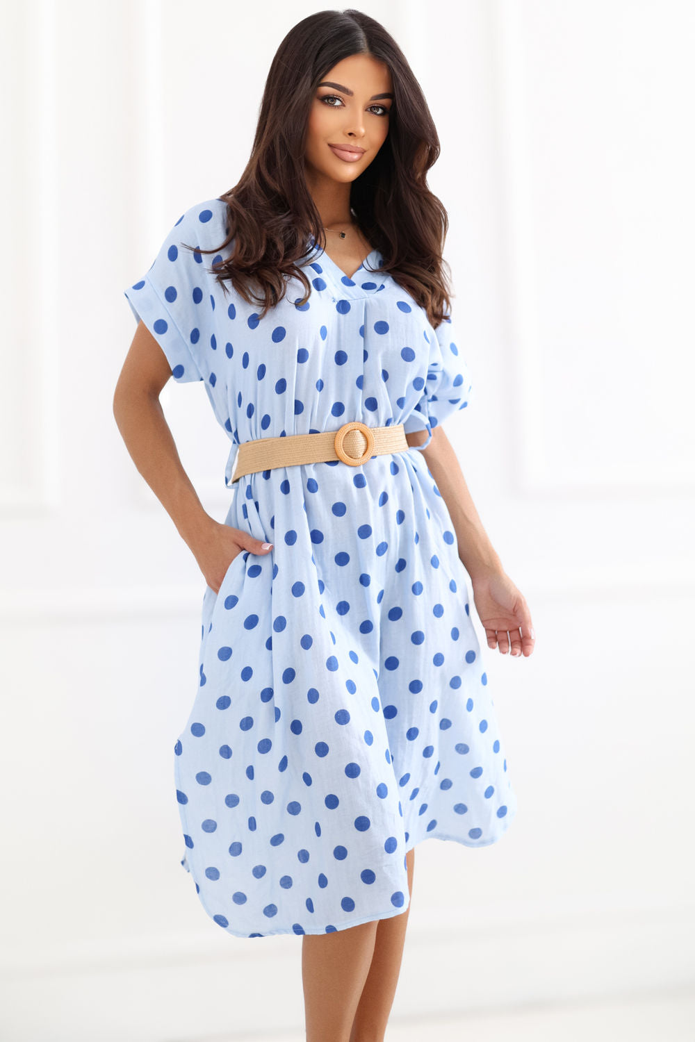 Italy Moda Light Blue Midi Polka Dot Dress - view 2