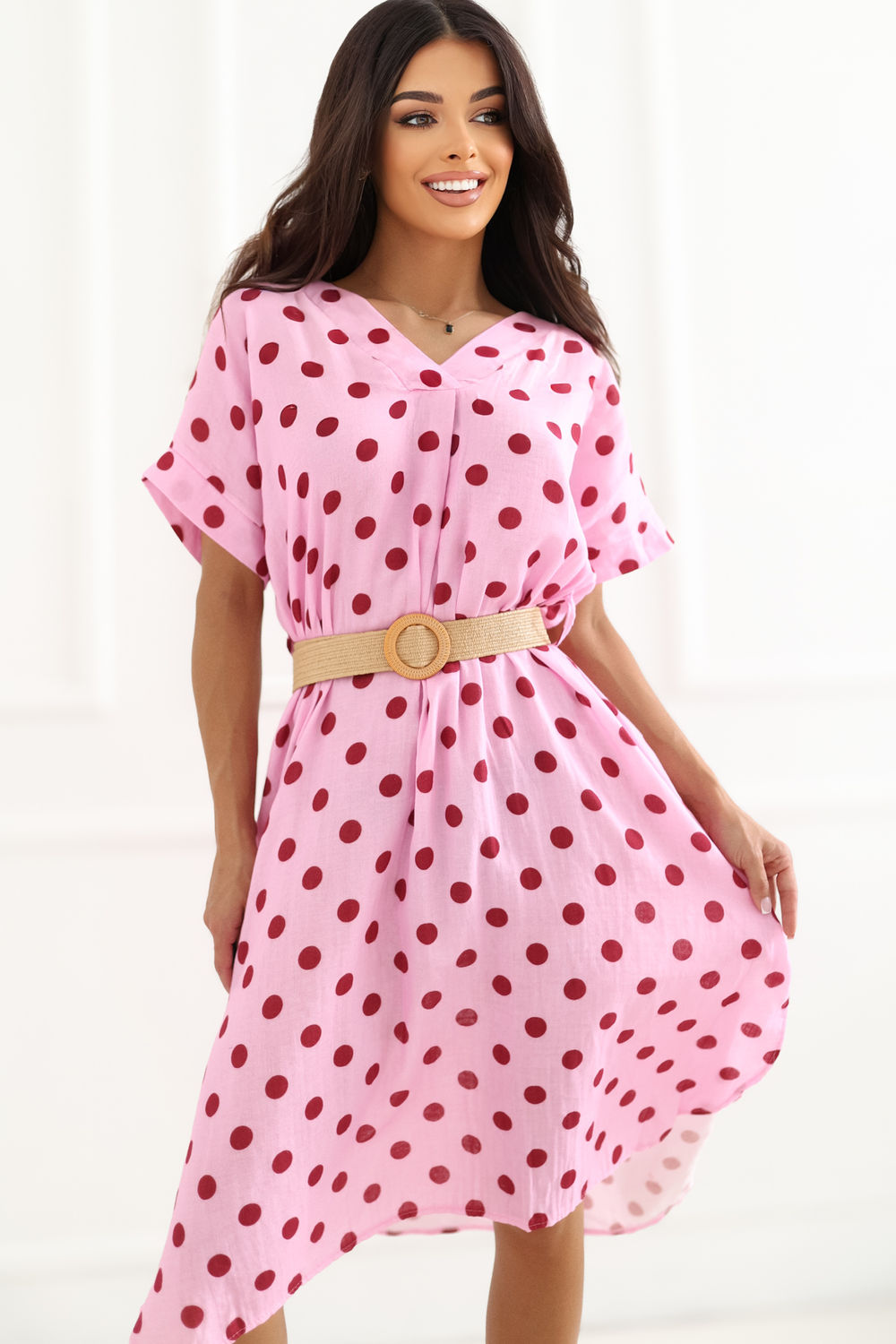 Italy Moda Light Pink Midi Polka Dot Wrap Dress