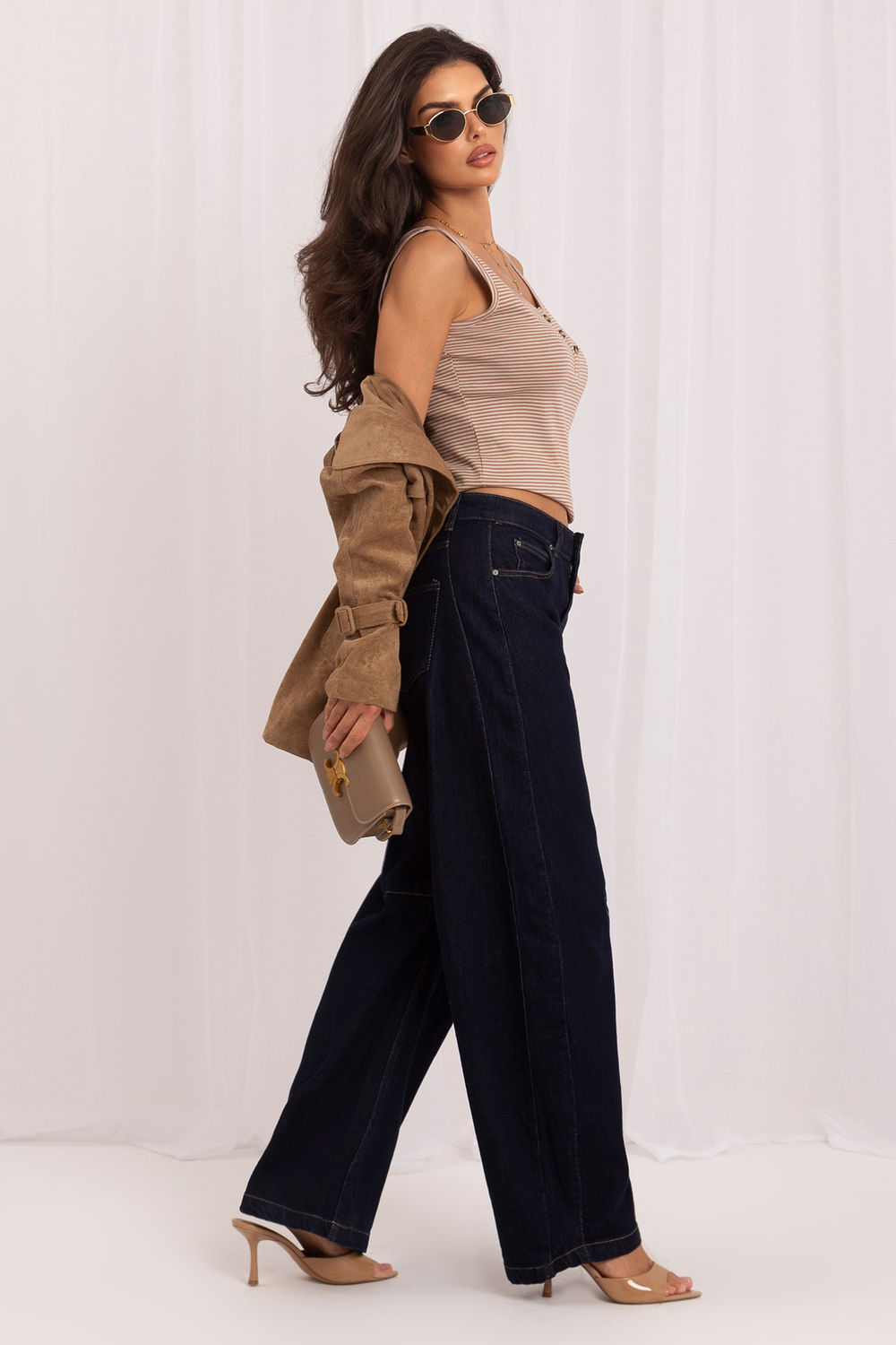Italy Moda Navy Wide Leg High Waisted Cotton Jeans - view 2