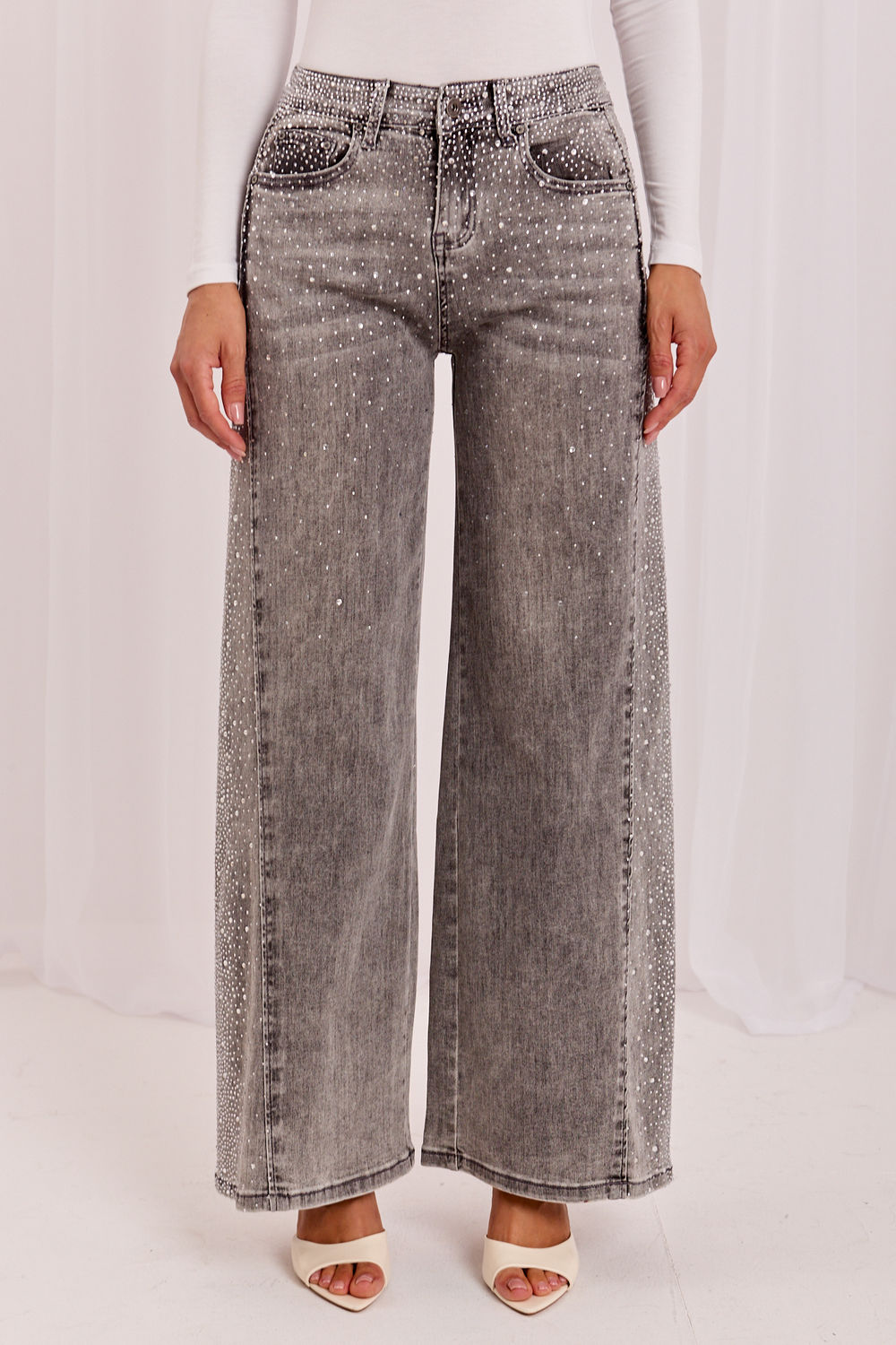 Italy Moda Grey Wide Leg High Waisted Jeans