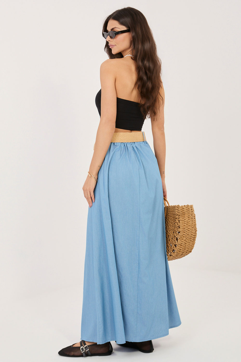 Italy Moda Light Blue Cotton Maxi Skirt - view 3