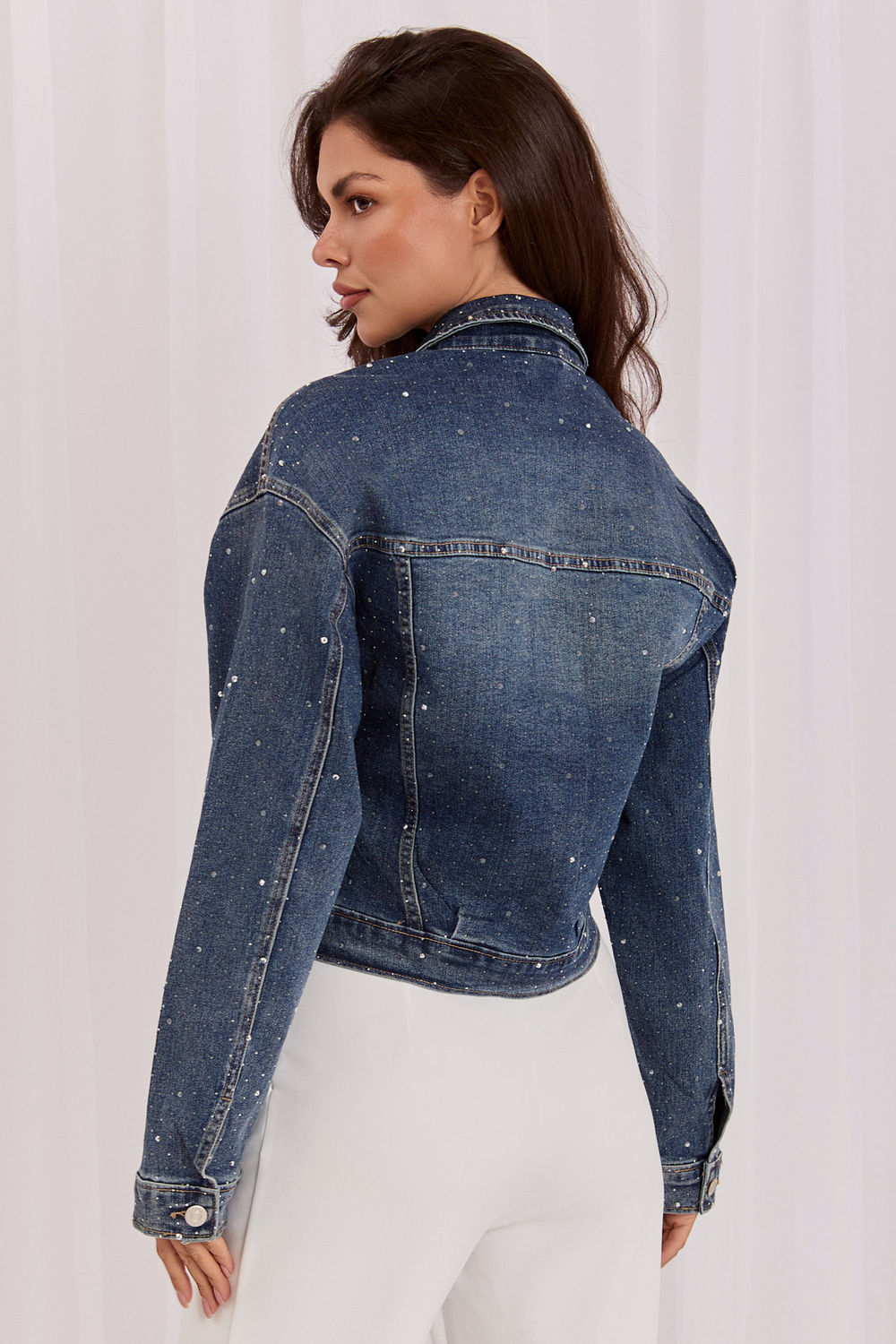 Italy Moda Dark Blue Collared Cotton Denim Jacket - view 2