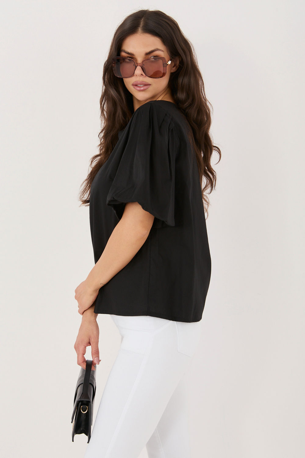 Italy Moda Black Puff Sleeve Cotton Blouse - view 2