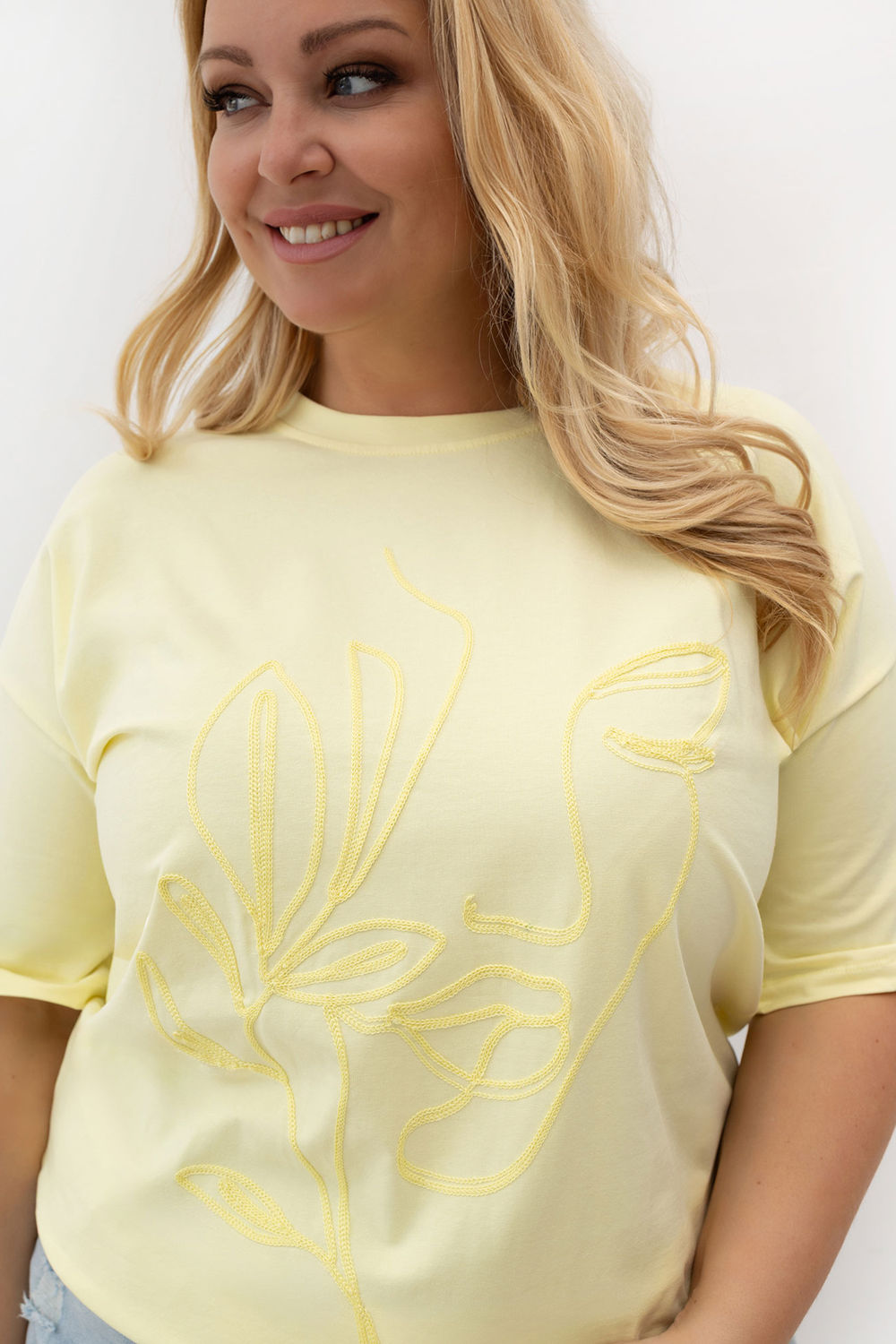 Relevance Light Yellow Round Neck Short Sleeve Cotton Plus Size T-Shirt - view 4