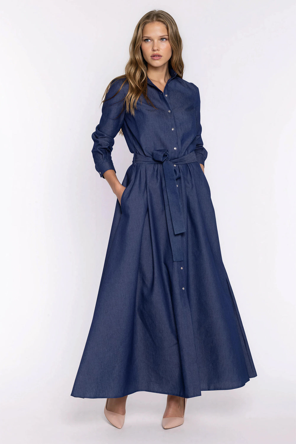Nife Denim Blue Maxi Long Sleeve Dress