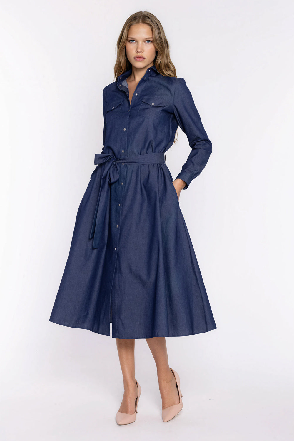 Nife Denim Blue Midi Long Sleeve Dress