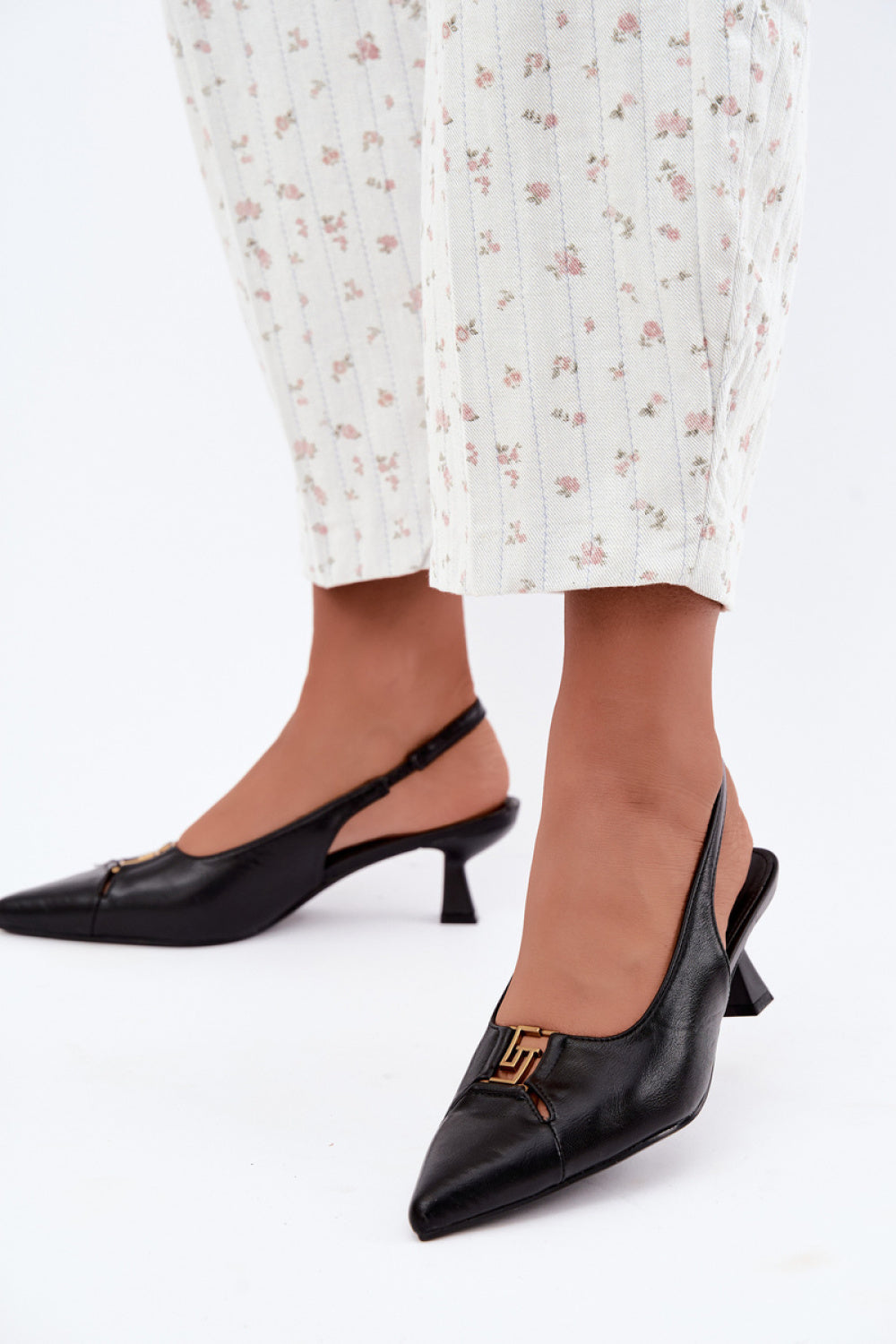 Step In Style Gilly Black Faux Leather Block Heel Court Shoes
