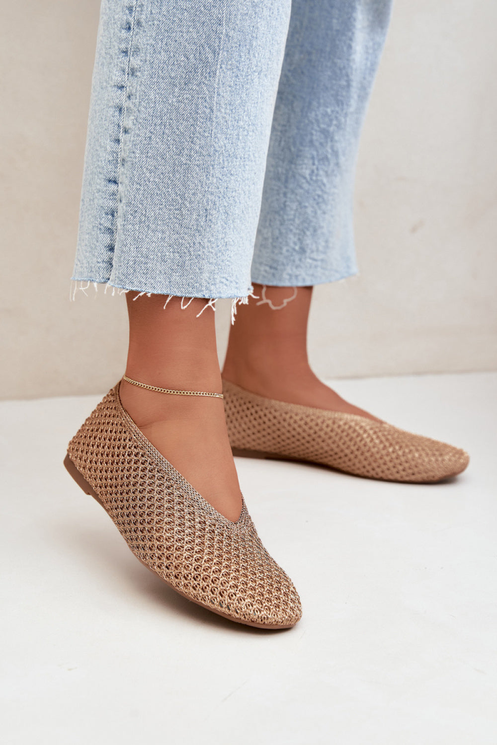Step In Style Calmore Champagne Mesh Ballet Flats