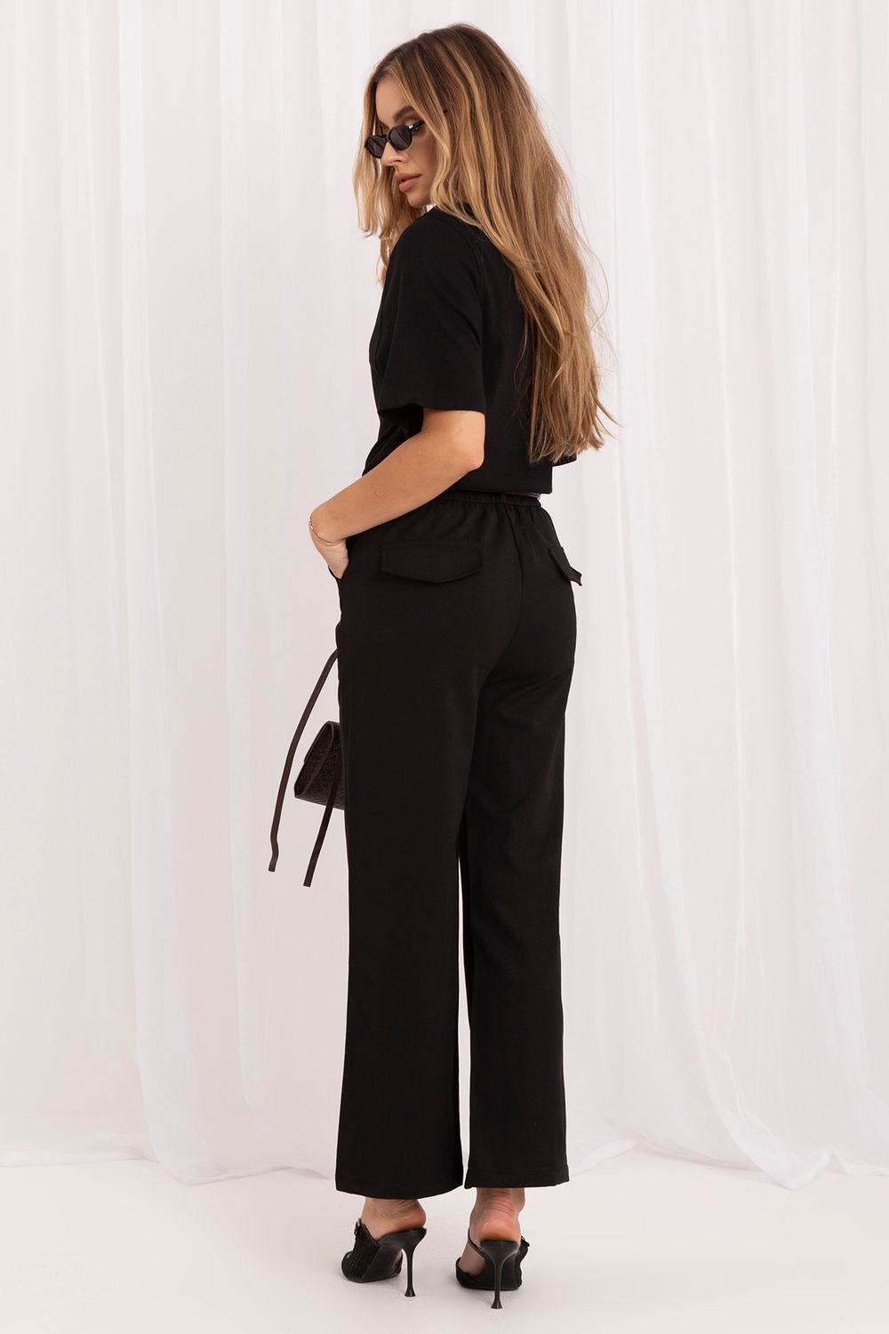 Italy Moda Black Wide Leg High Waisted Trousers with Pockets - view 3