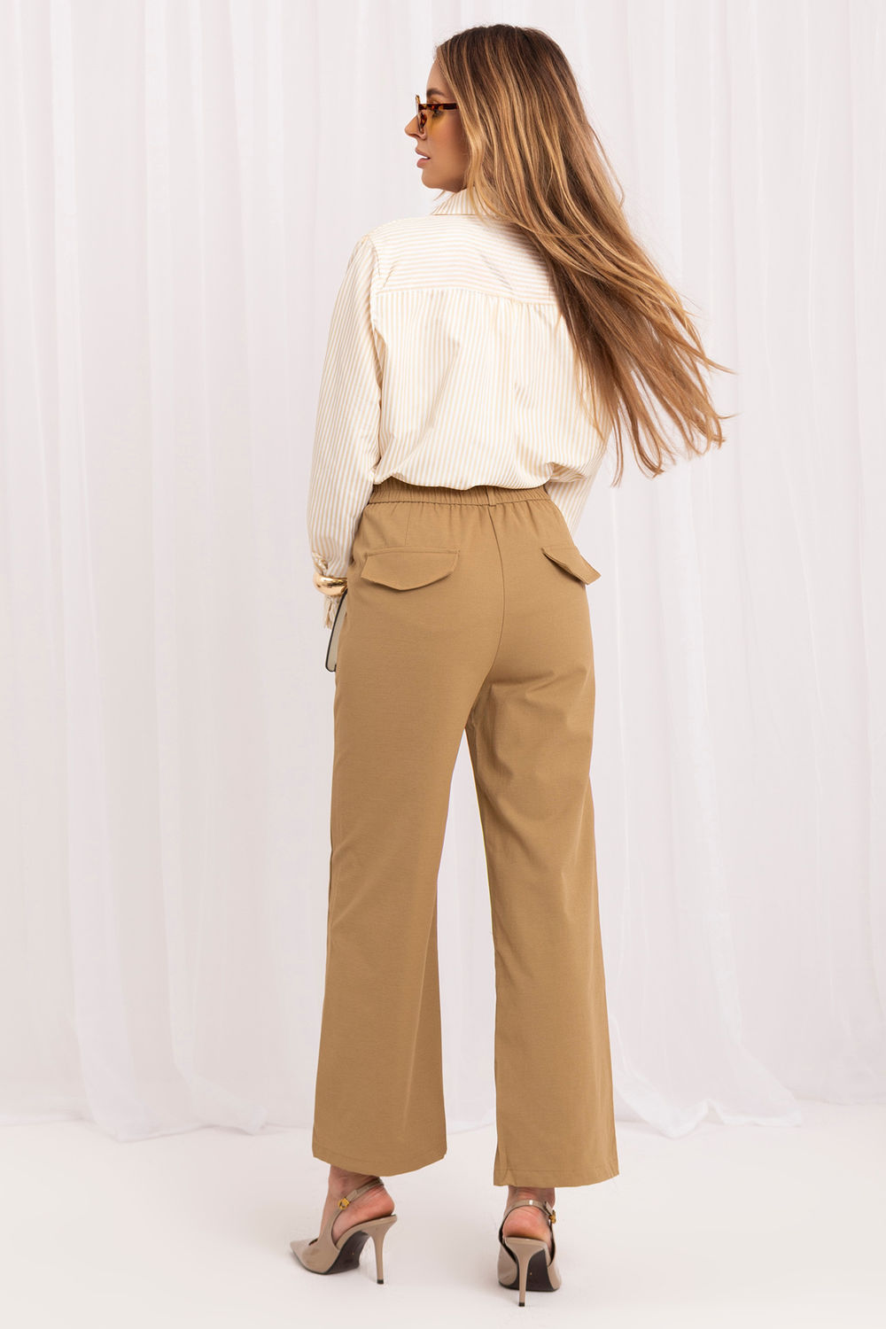 Italy Moda Camel Polyester Wide Leg High Waisted Trousers - view 3