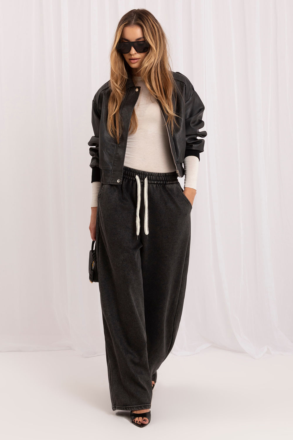 Italy Moda Graphite Wide Leg High Waisted Cotton Joggers - view 2
