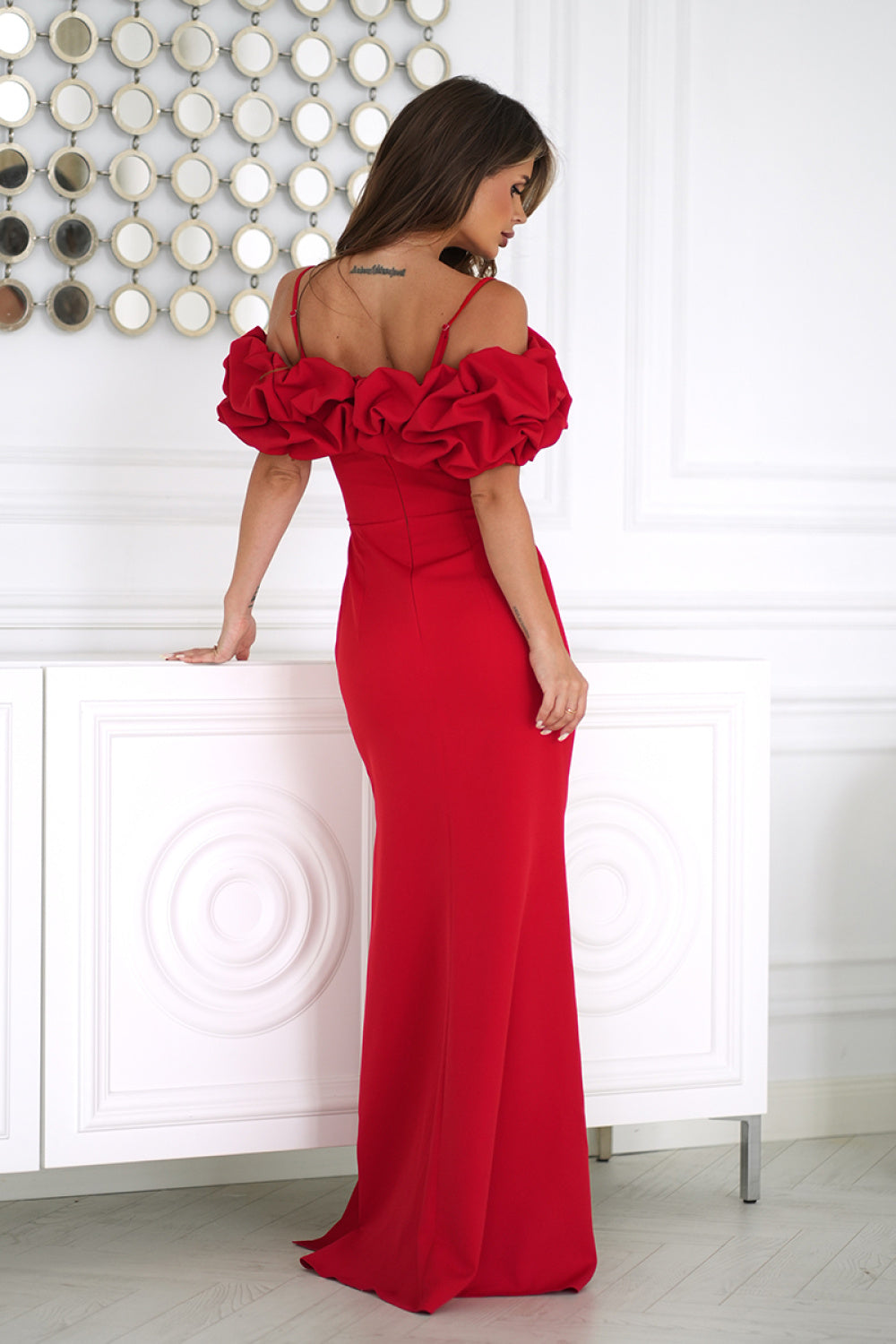 Bicotone Red Draped Floral Bodycon Maxi Dress - view 3