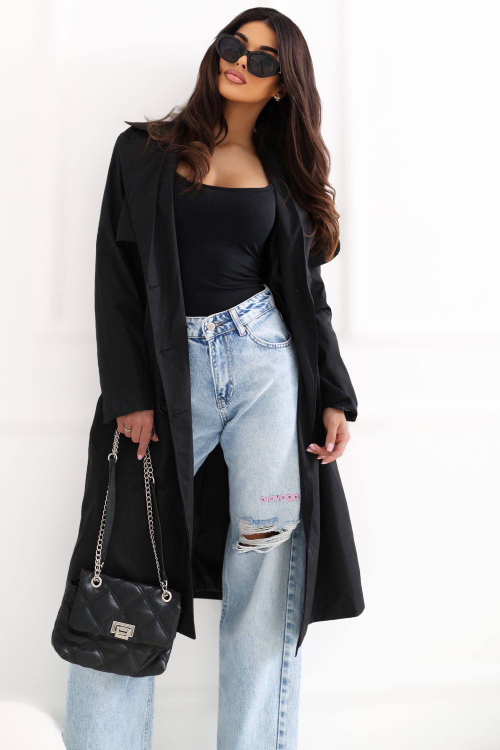 Rue Paris Black Button Front Long Sleeve Coat - view 2