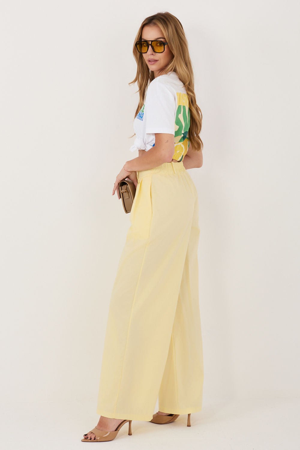 Rue Paris Light Yellow Pleated Cotton Trousers - view 2