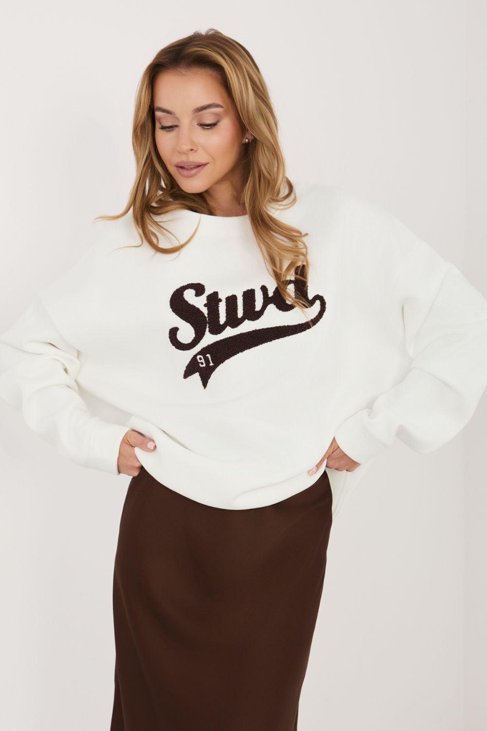 Rue Paris Ecru Round Neck Long Sleeve Cotton Sweatshirt - view 4
