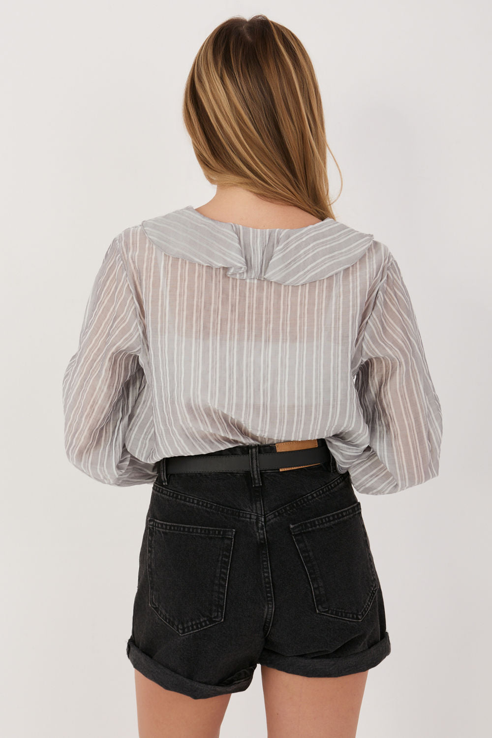 Italy Moda Grey Striped V-Neck Blouse - view 3