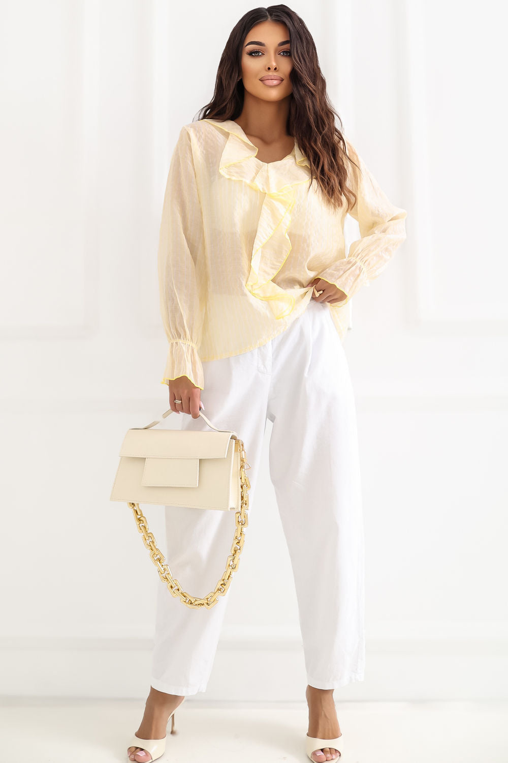 Italy Moda Light Yellow Striped V-Neck Blouse - view 2