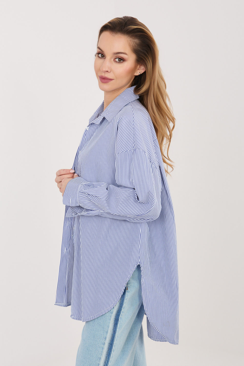 Italy Moda Dark Blue Striped Cotton Long Sleeve Top
