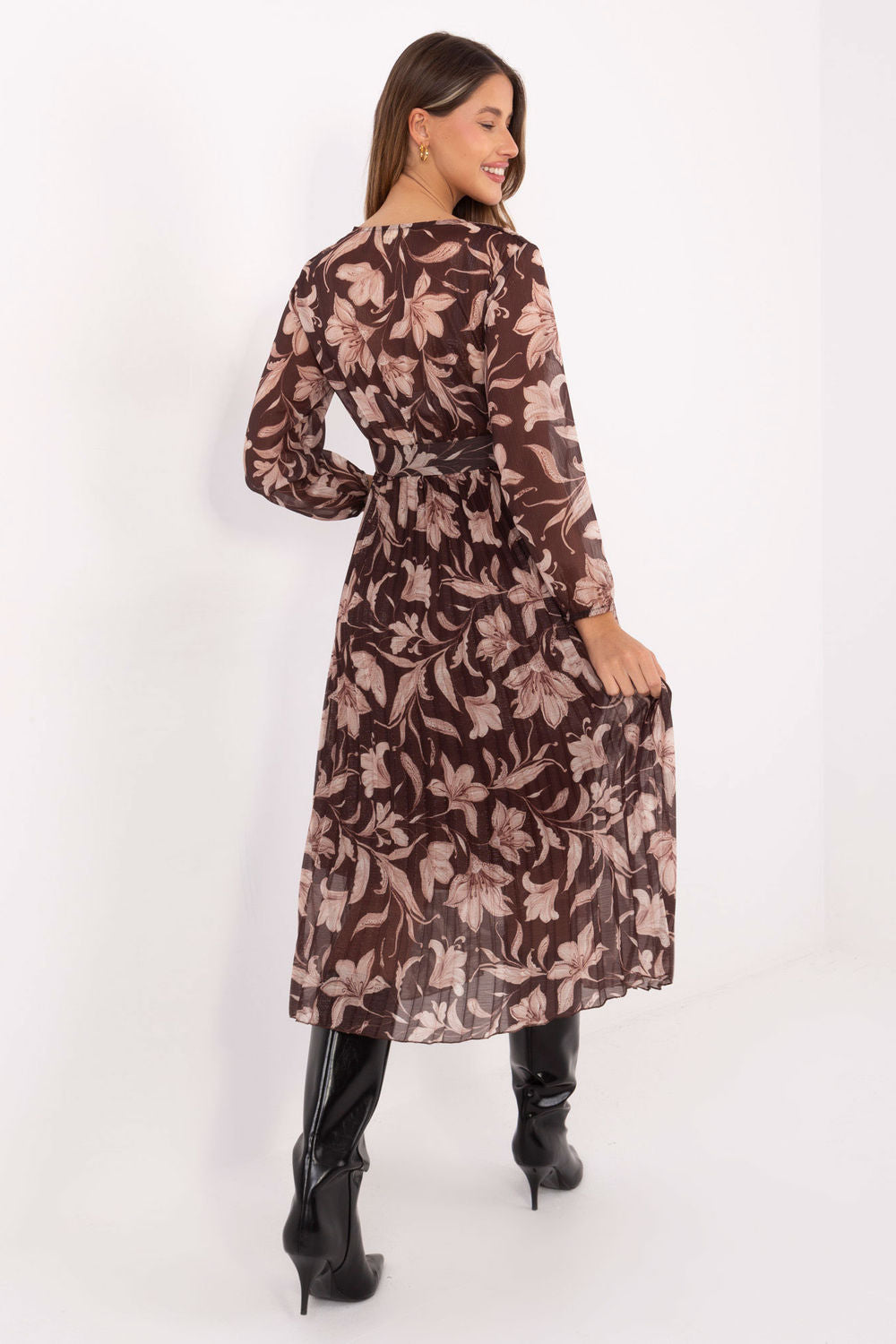 Italy Moda Brown Midi Floral Wrap Long Sleeve Dress - view 3