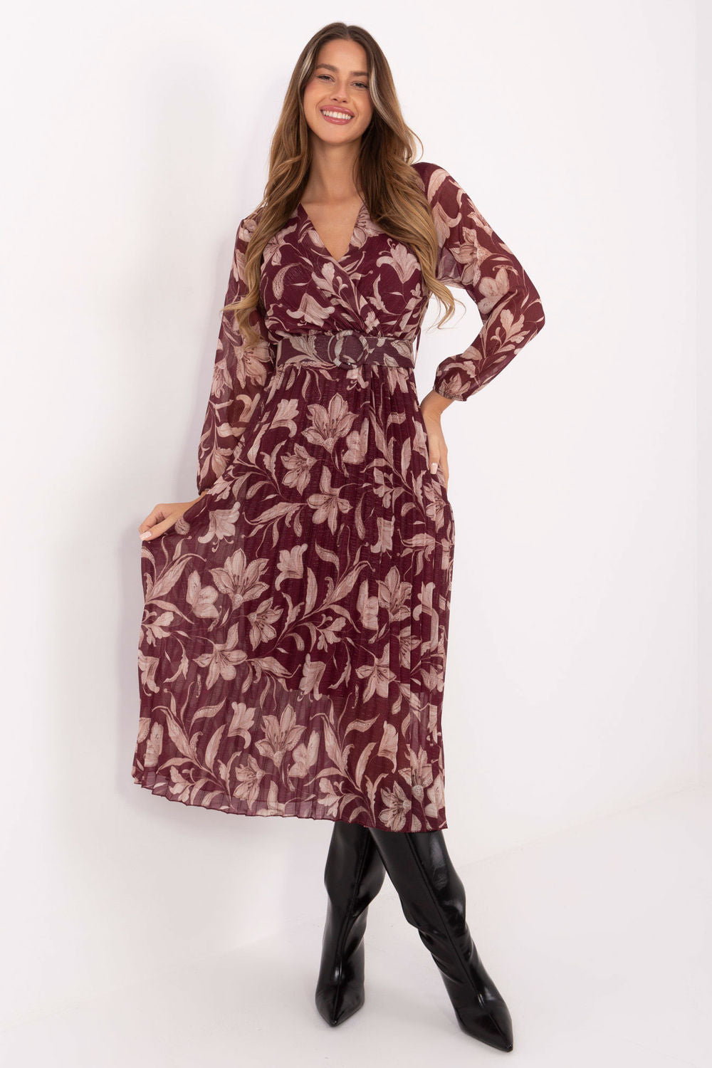 Italy Moda Burgundy Midi Floral Wrap Dress