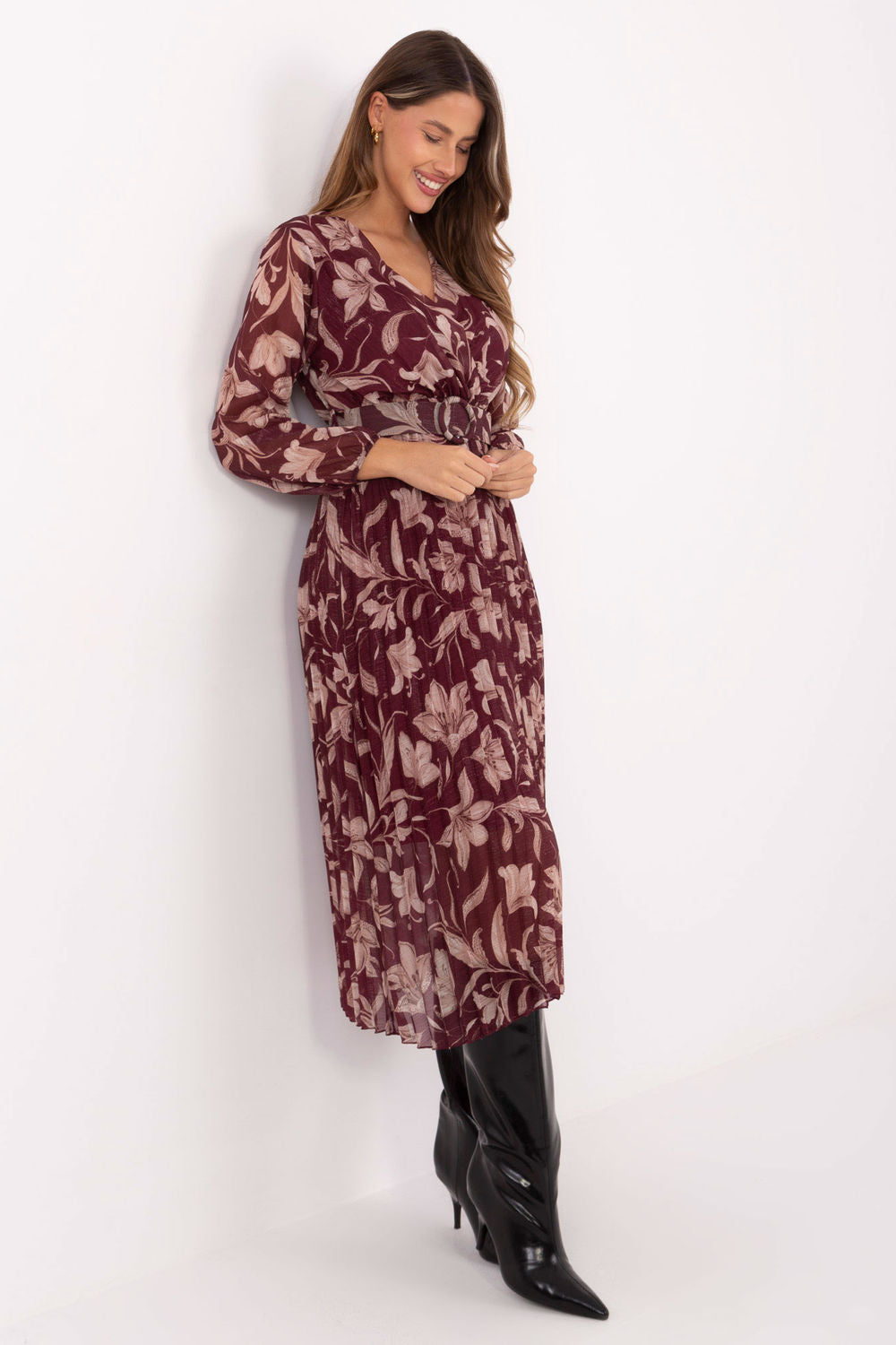Italy Moda Burgundy Midi Floral Wrap Dress - view 2