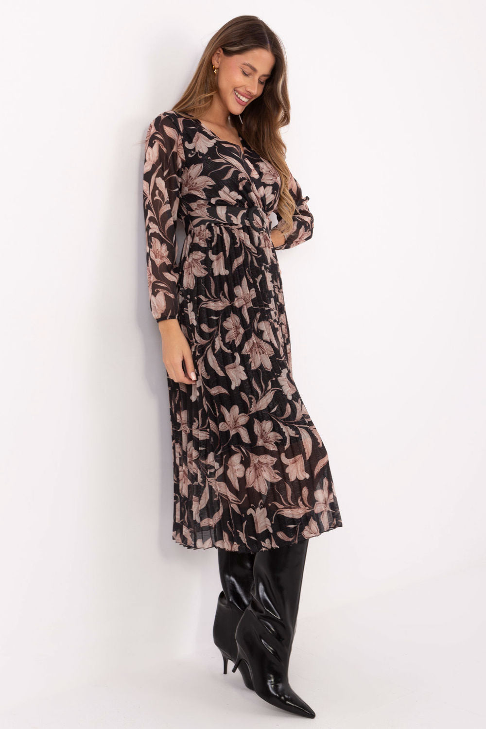 Italy Moda Black Midi Floral Wrap Long Sleeve Dress - view 2