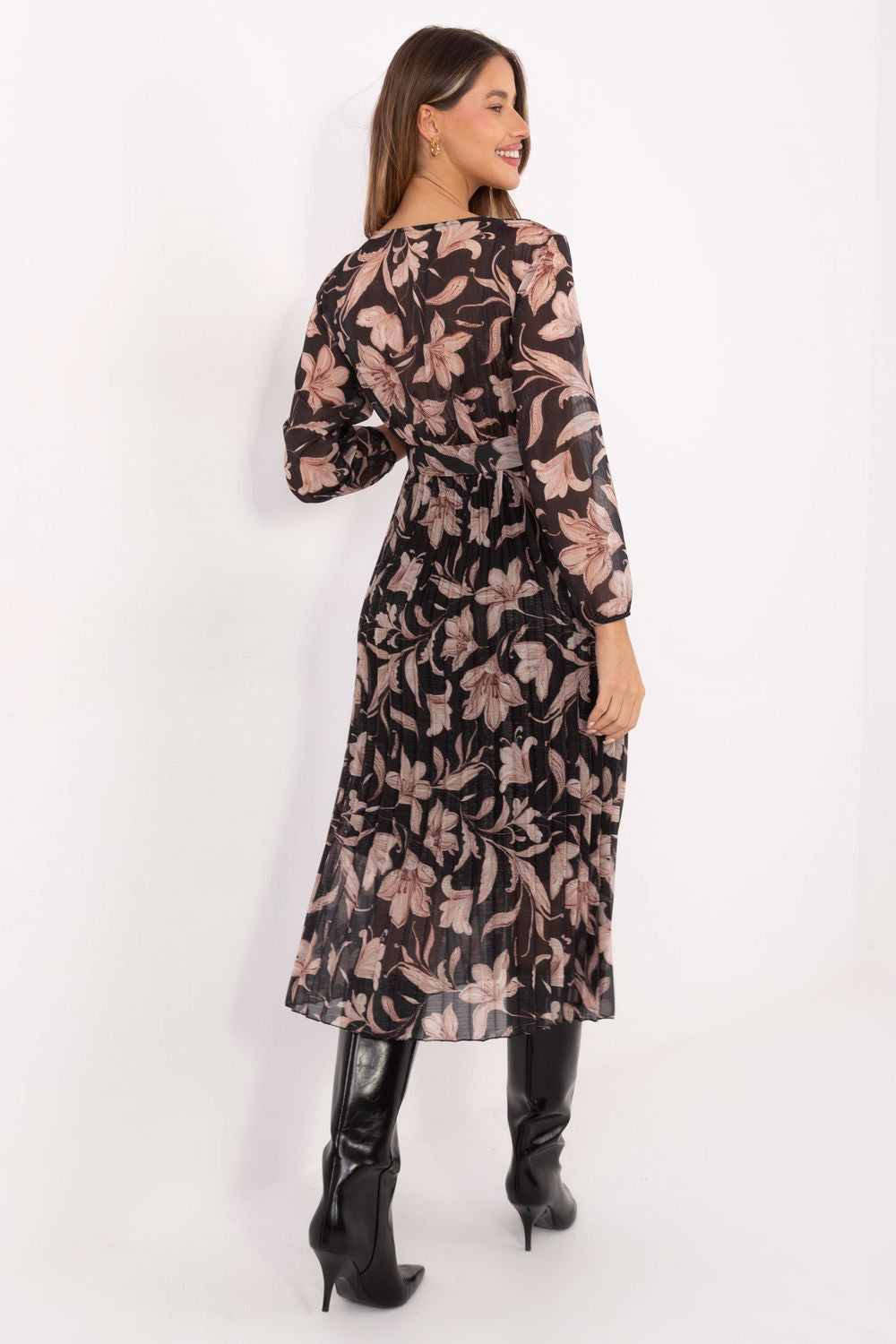 Italy Moda Black Midi Floral Wrap Long Sleeve Dress - view 3