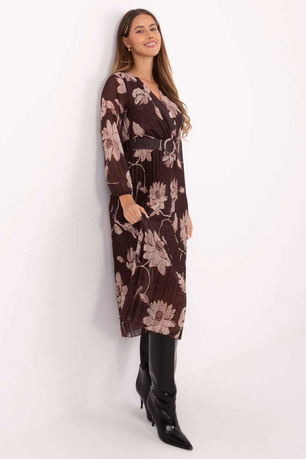 Italy Moda Brown Midi Floral Dress with Belt - view 2